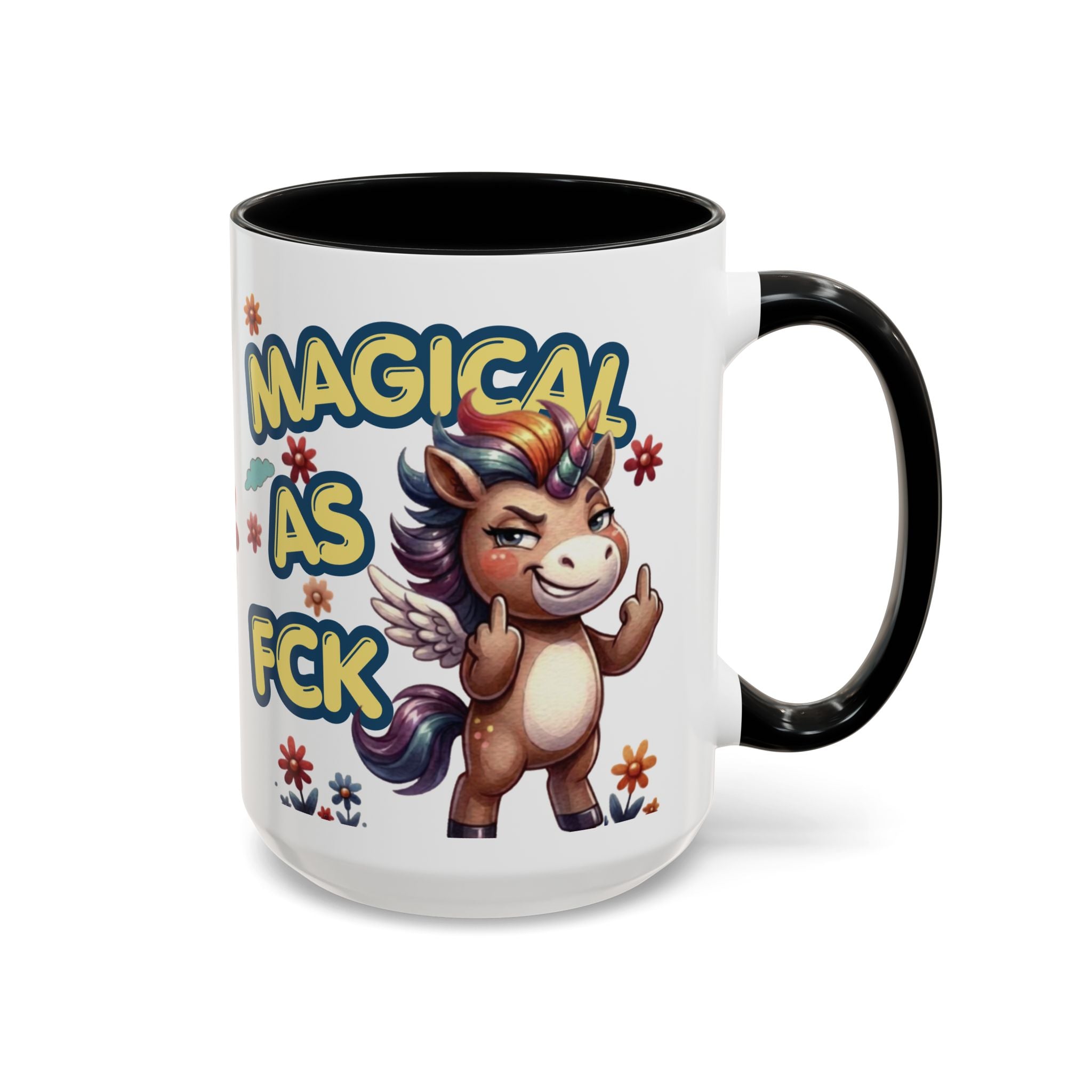 Mug with cartoon pony and text 'MAGICAL AS FCK' on a white background