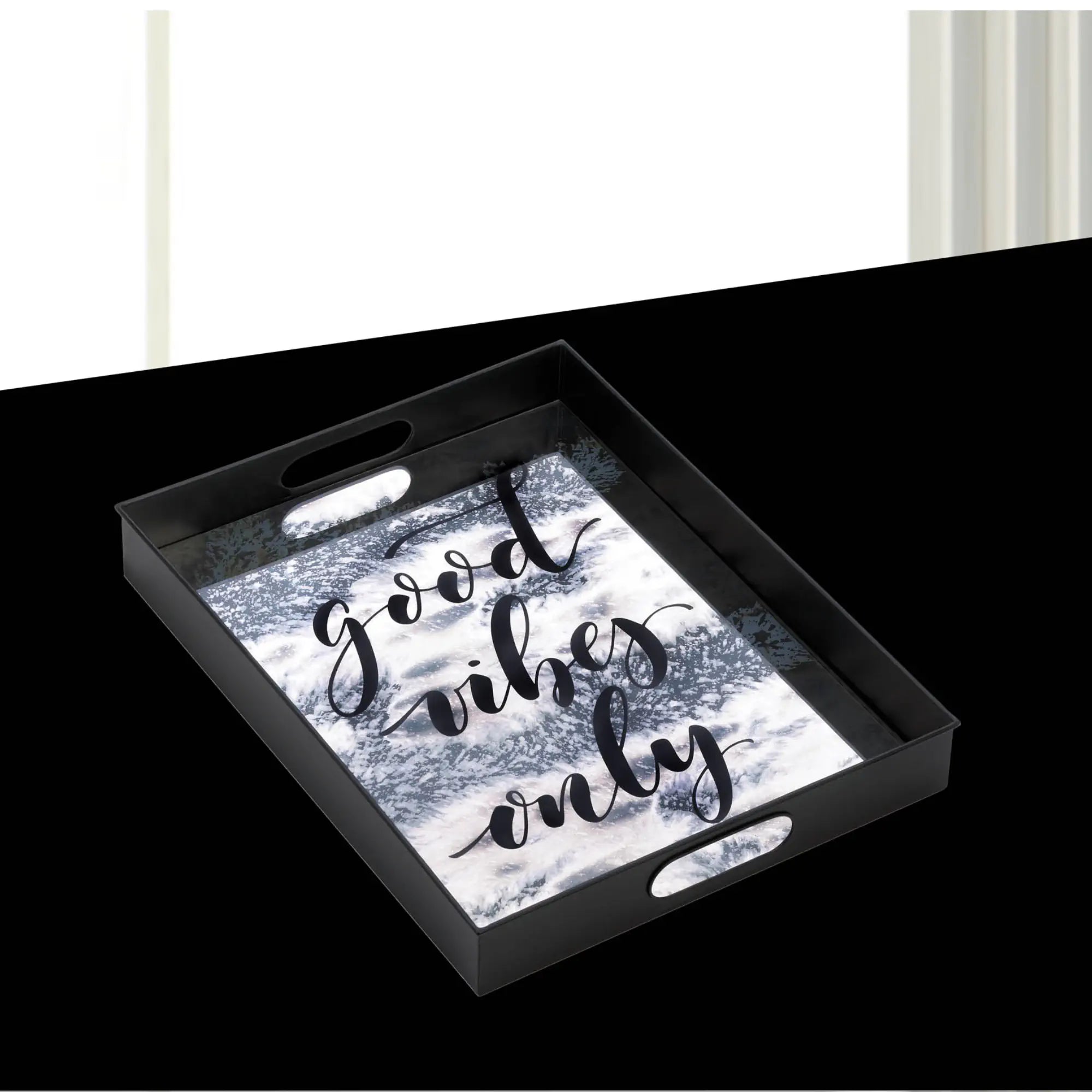Black Good Vibes Only serving tray with marble-look base shown at an angled view