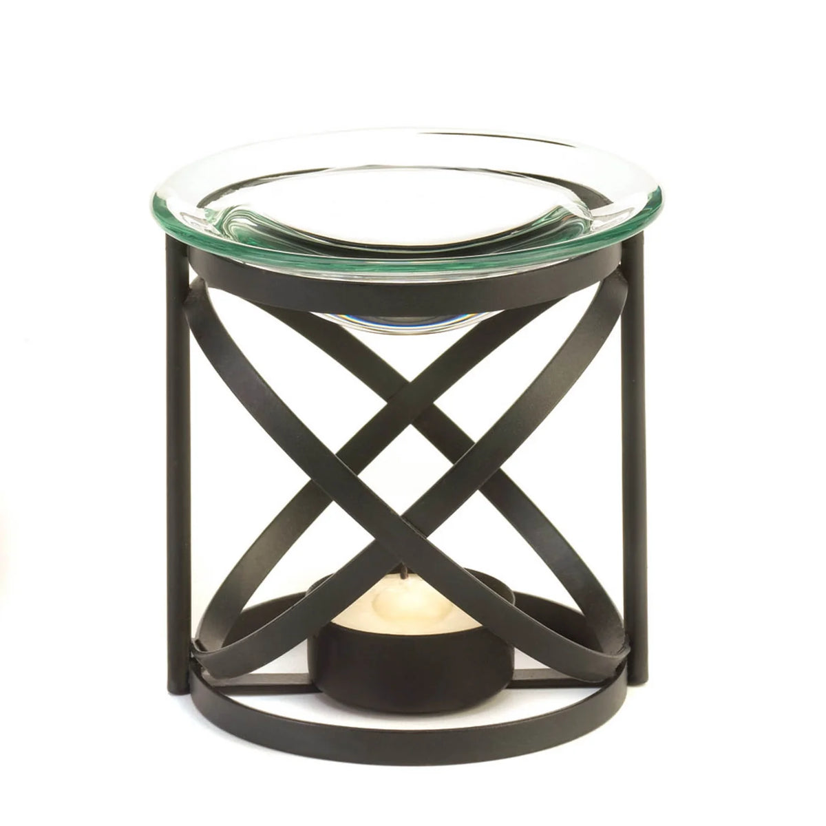 Front view of Orbital essential oil warmer with clear glass dish and black metal stand
