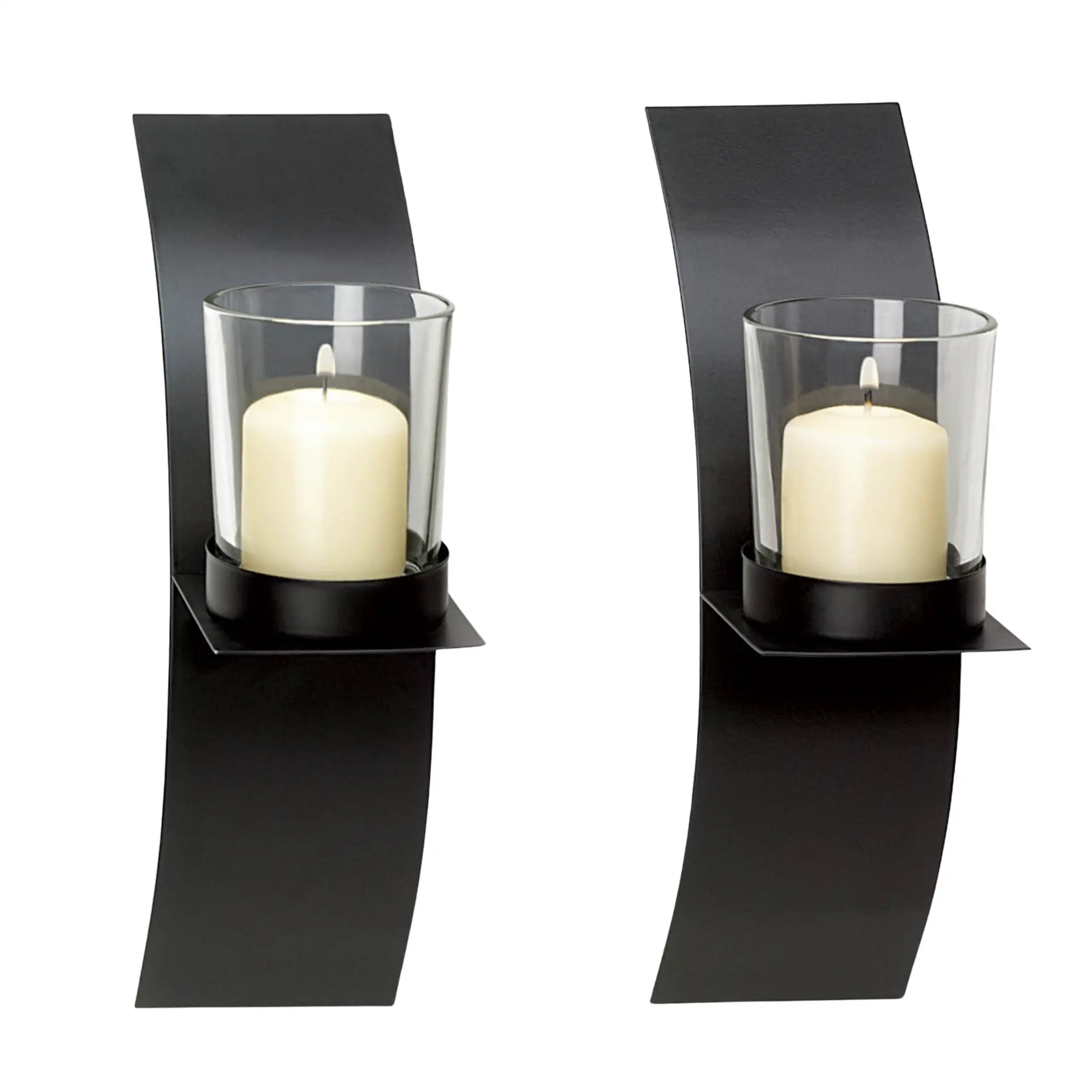 Two black wall-mounted candle holders with white candles on a white background