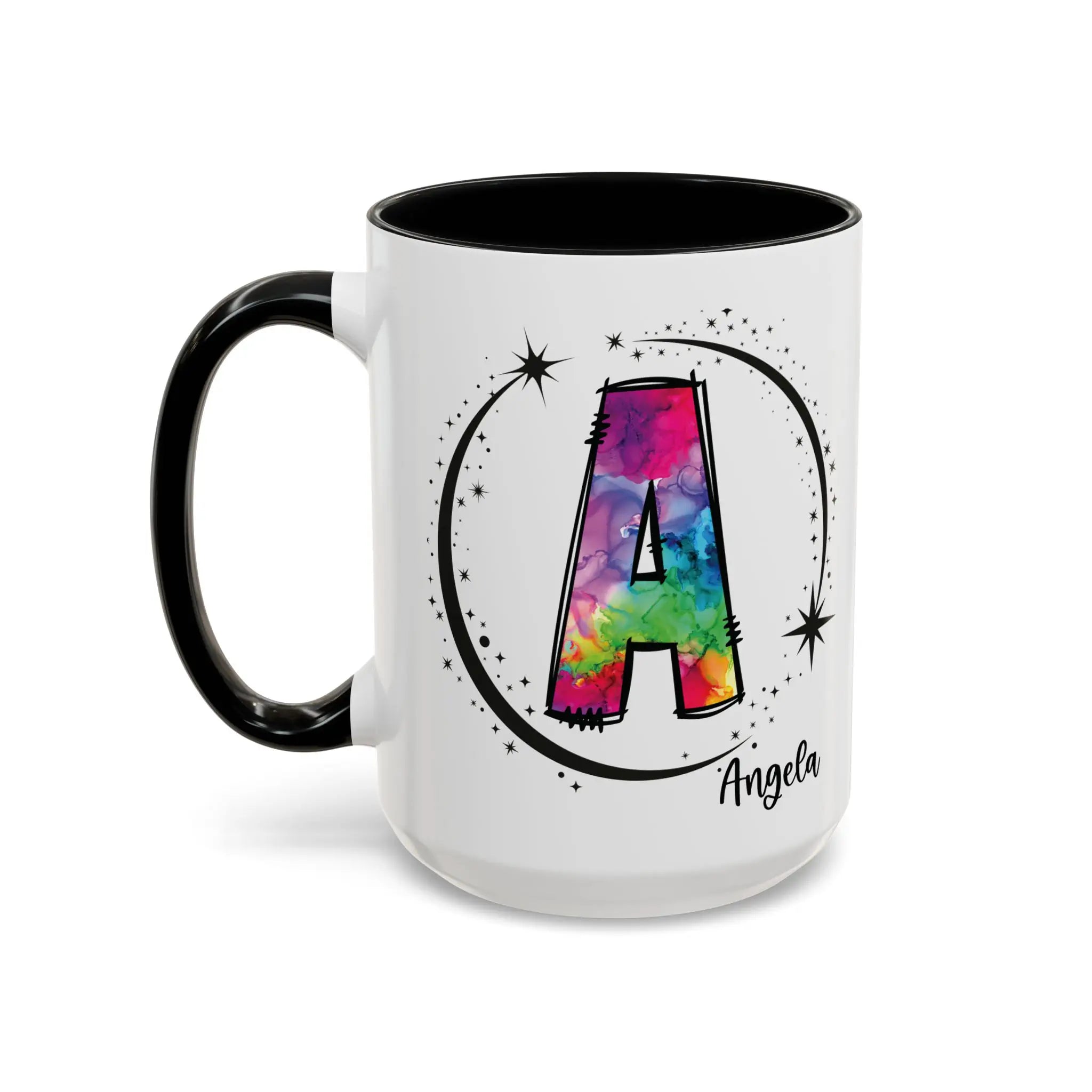 Monogram mug with black handle and interior featuring a colorful letter A design with custom name