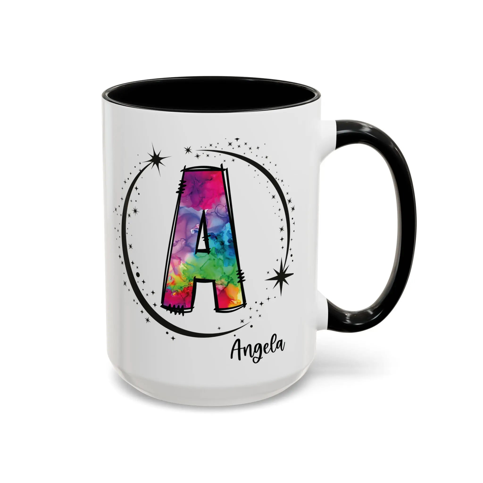 White monogram mug with black handle and interior featuring a colorful letter A design and custom name