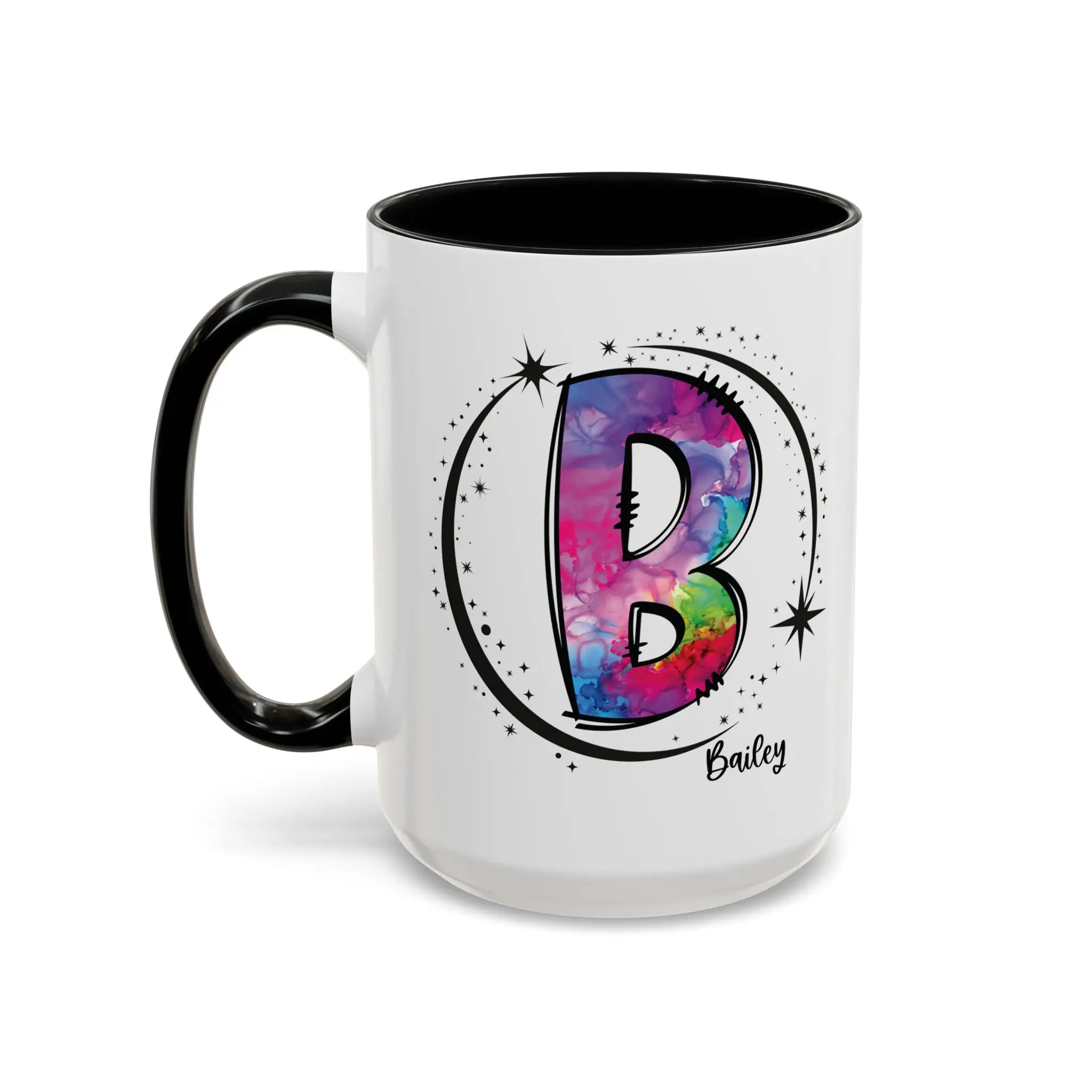 Monogram mug with black handle and interior featuring a colorful letter B design and custom name 