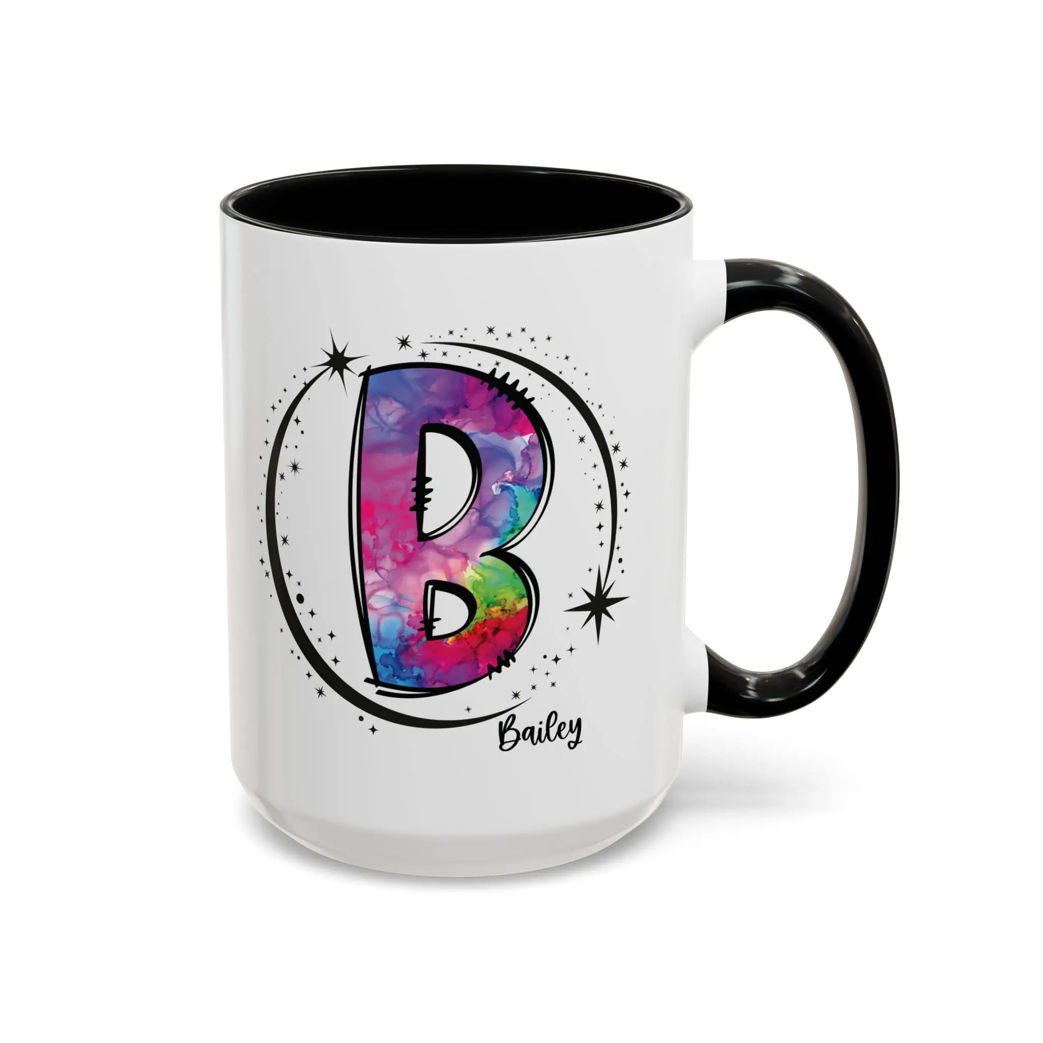 Monogram mug with black handle and interior featuring a colorful letter B design and custom name against a white background