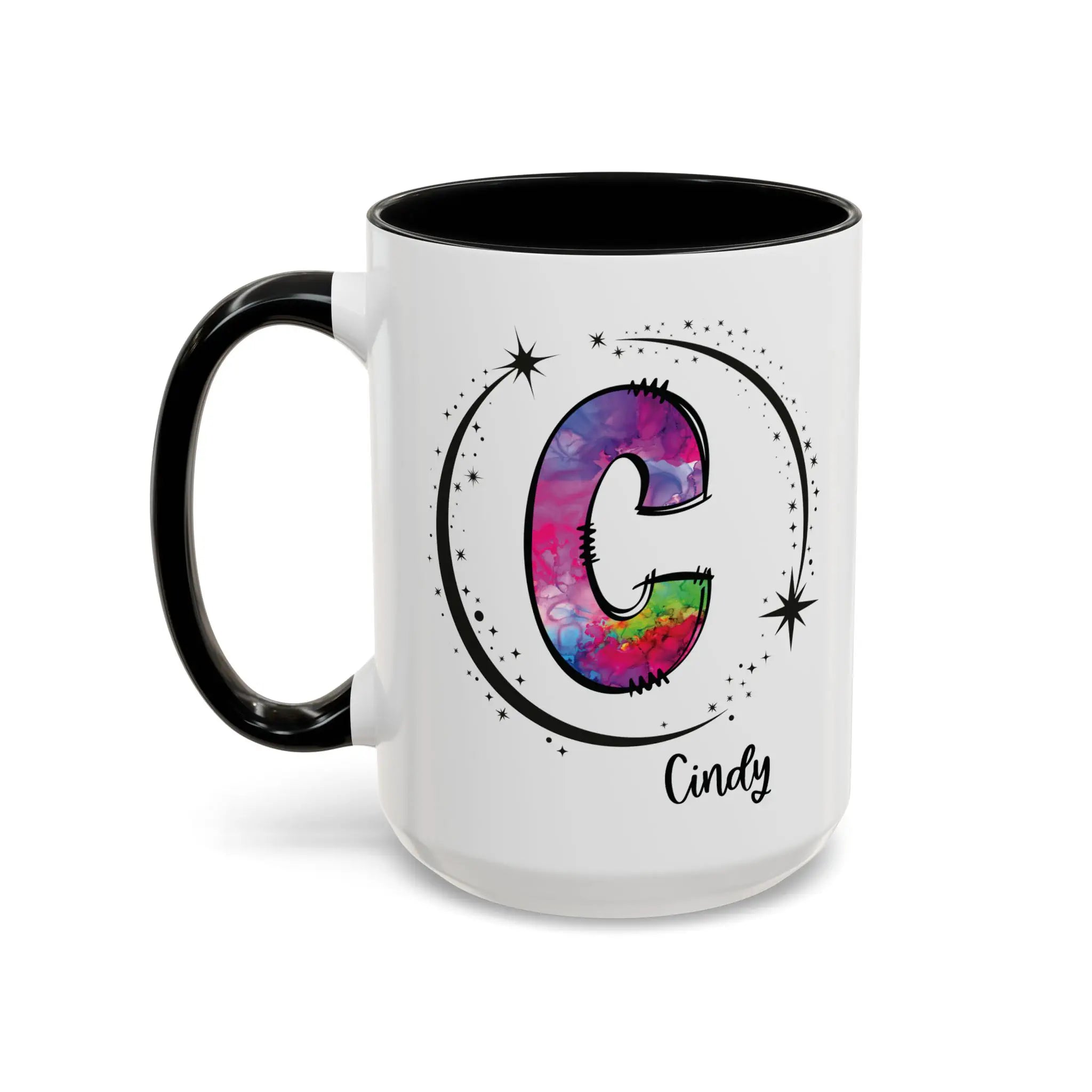 Monogram mug with black handle and interior featuring a colorful letter C design and custom name on white background
