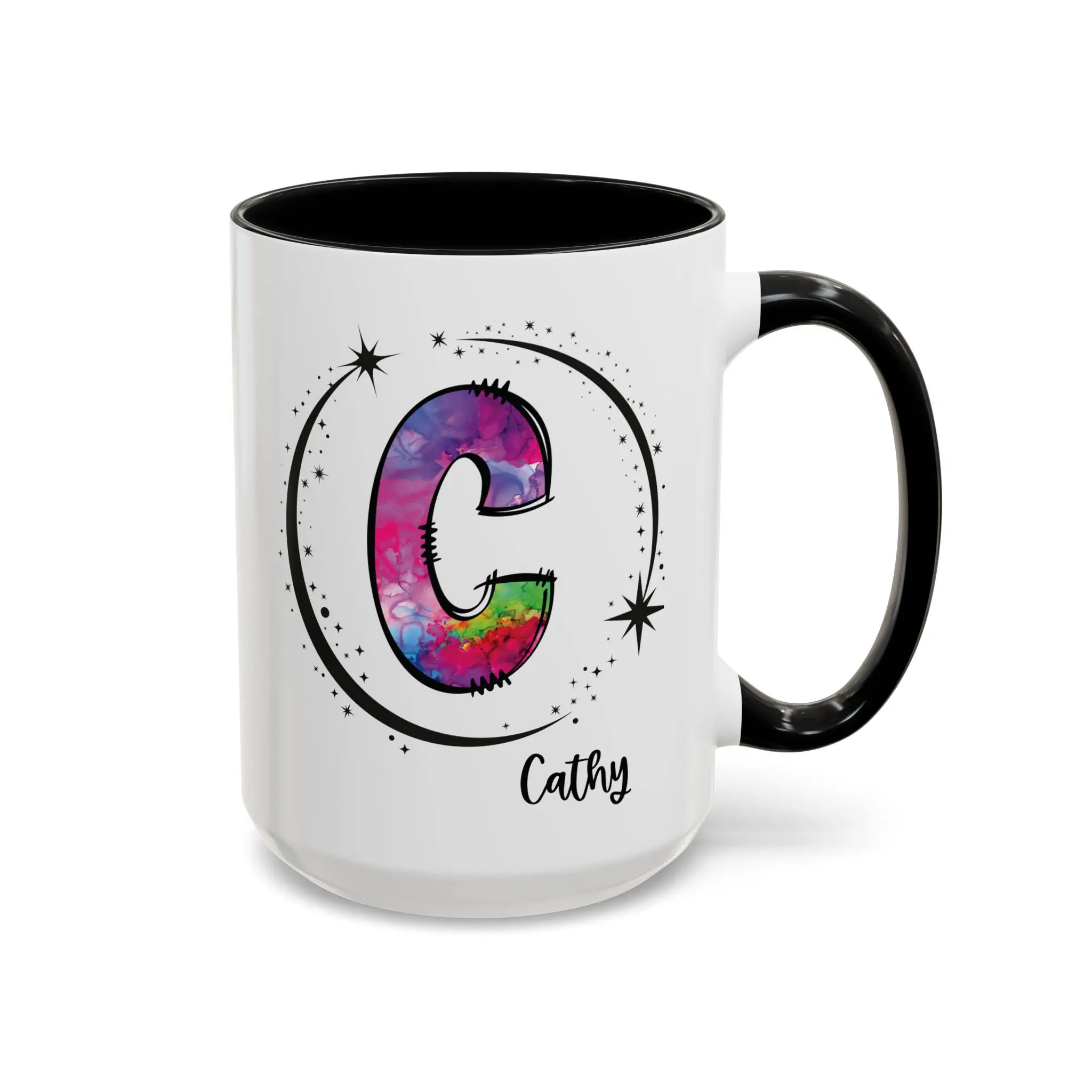 Monogram mug with black handle and interior featuring a colorful letter C design and custom name 