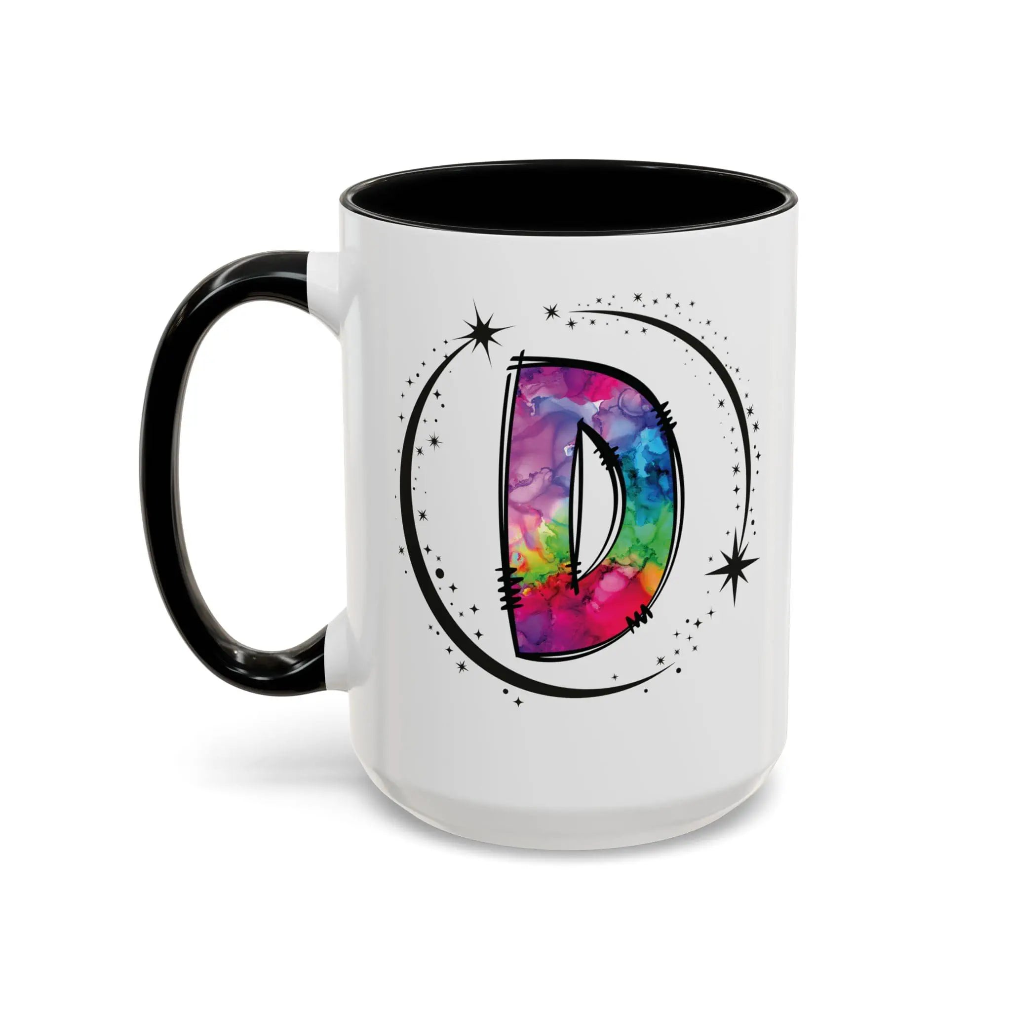 Monogram mug with black handle and interior featuring a colorful letter D design 