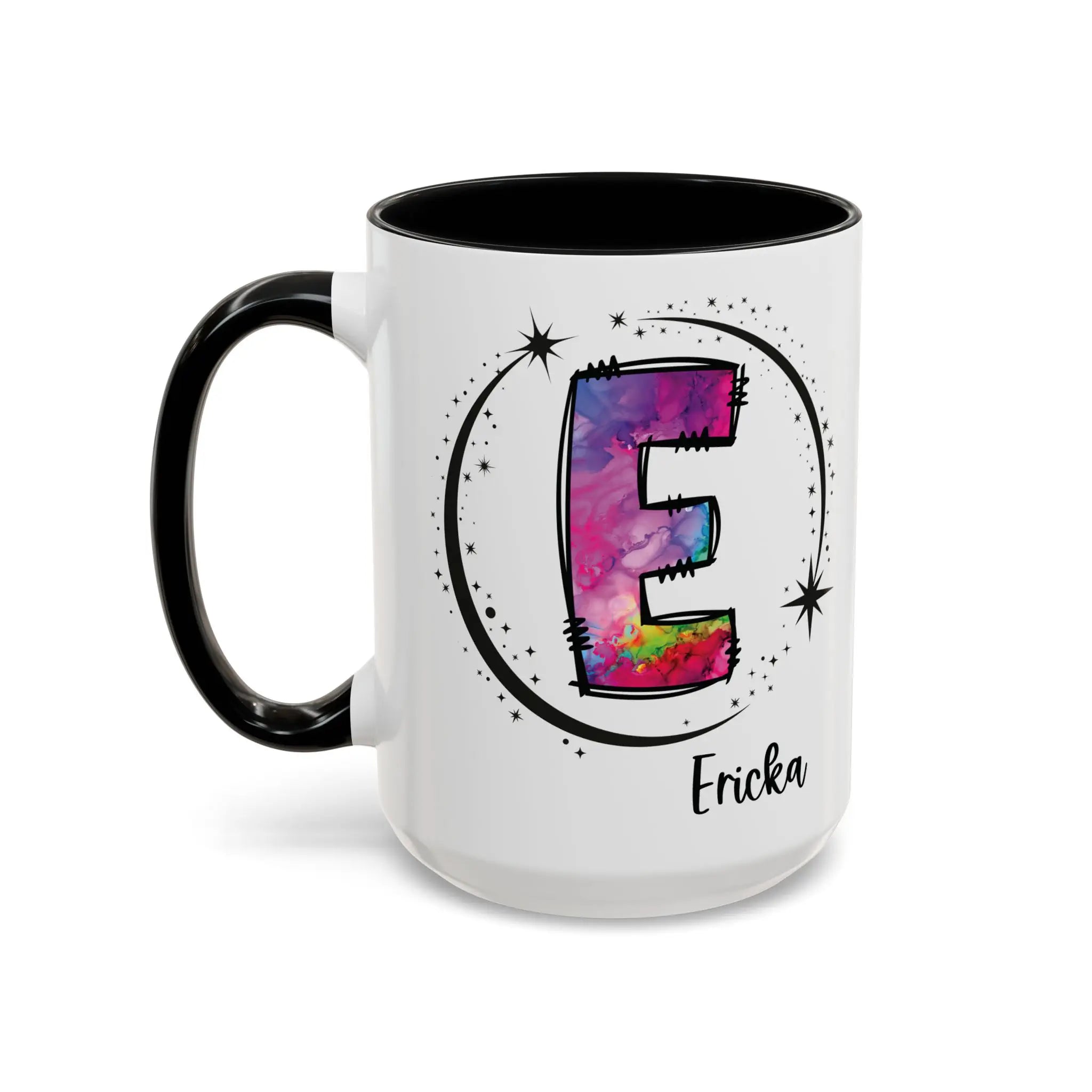 Monogram mug with black handle and interior featuring a colorful letter E design and custom name 