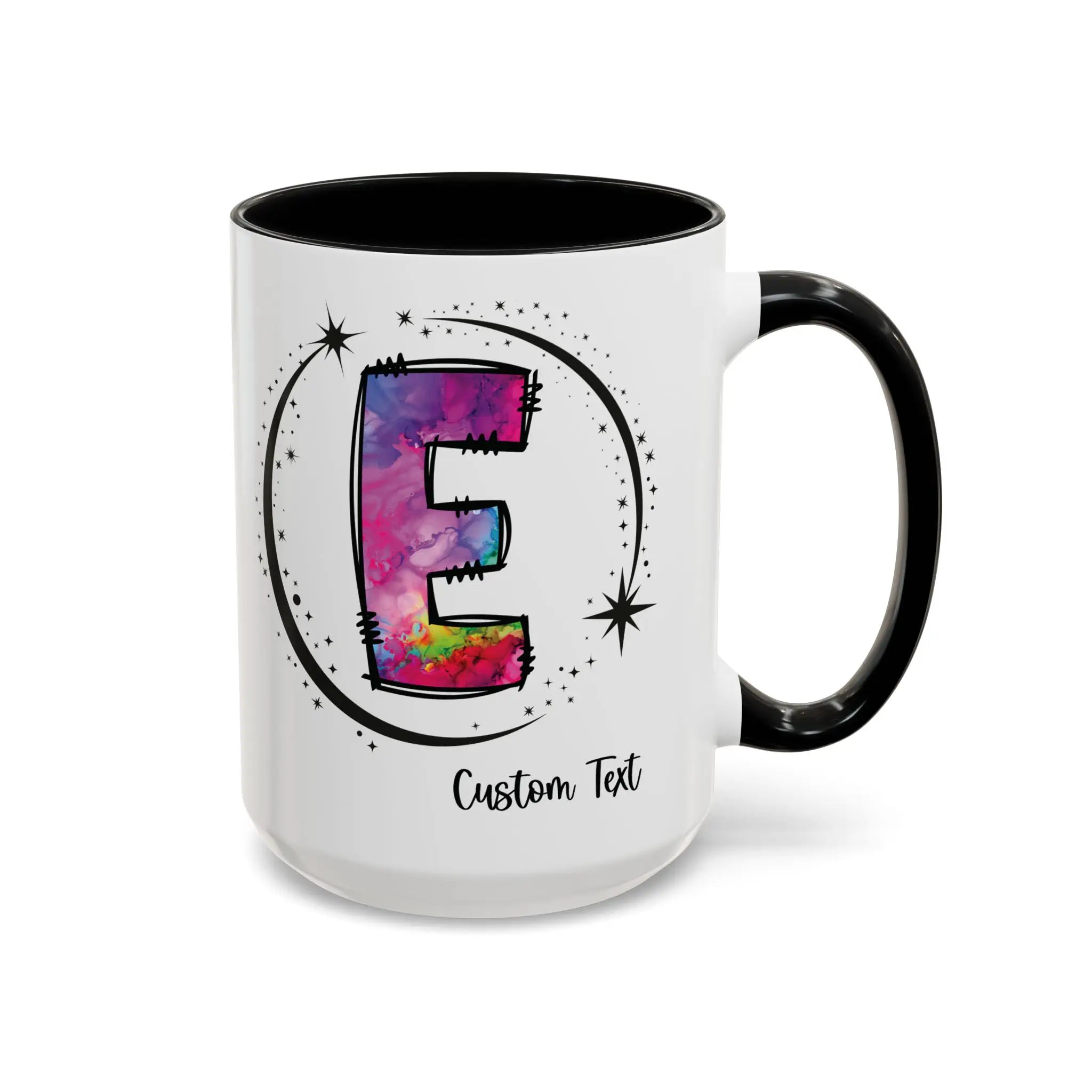 Monogram mug with black handle and interior featuring a colorful letter E design and space for custom text