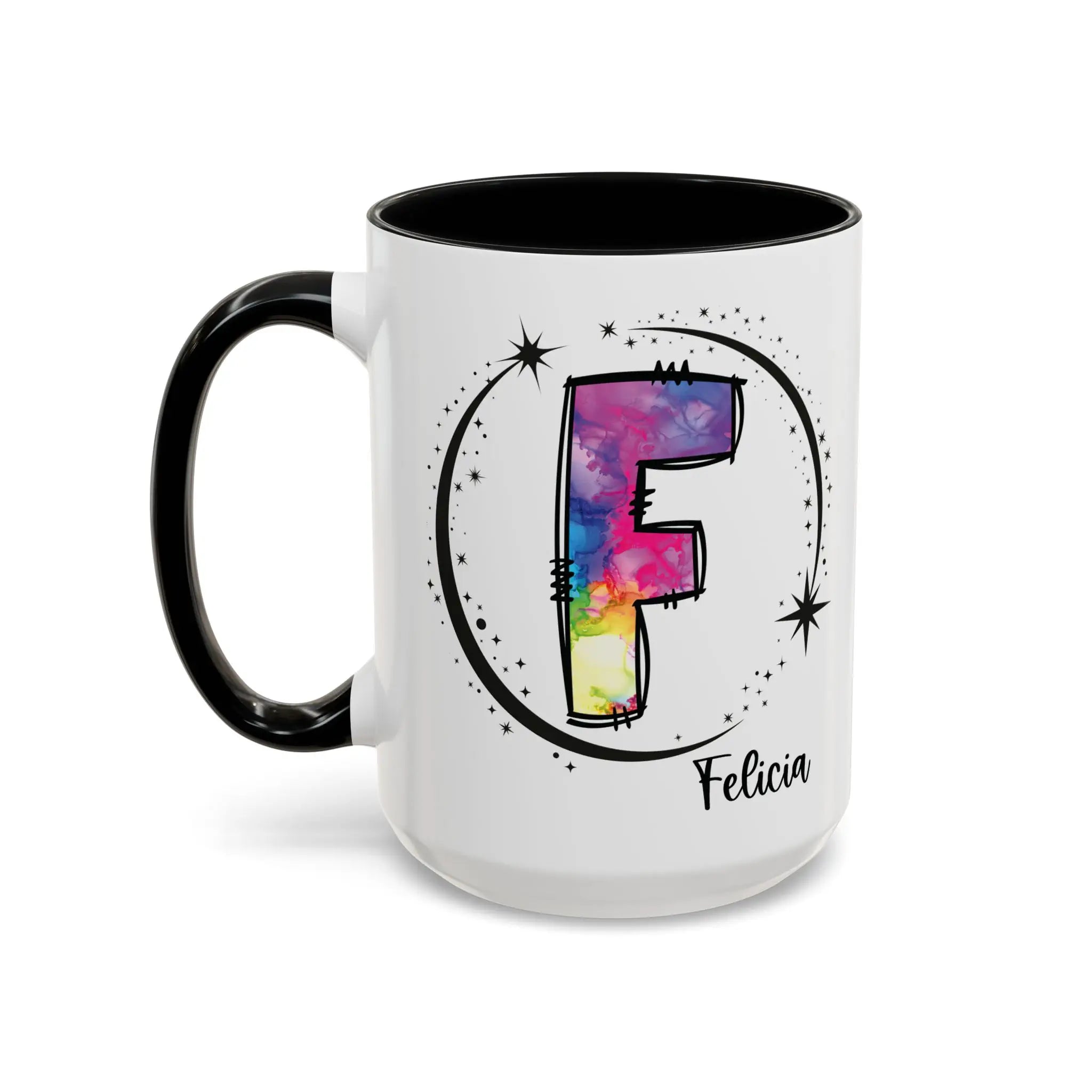 Monogram mug with black handle and interior featuring a colorful letter F design and custom name 