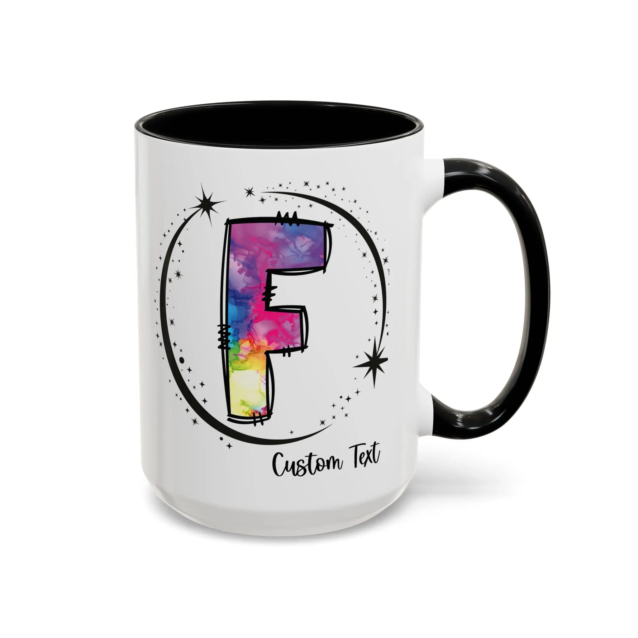 Monogram mug with black handle and interior featuring a colorful letter F design and space for custom text