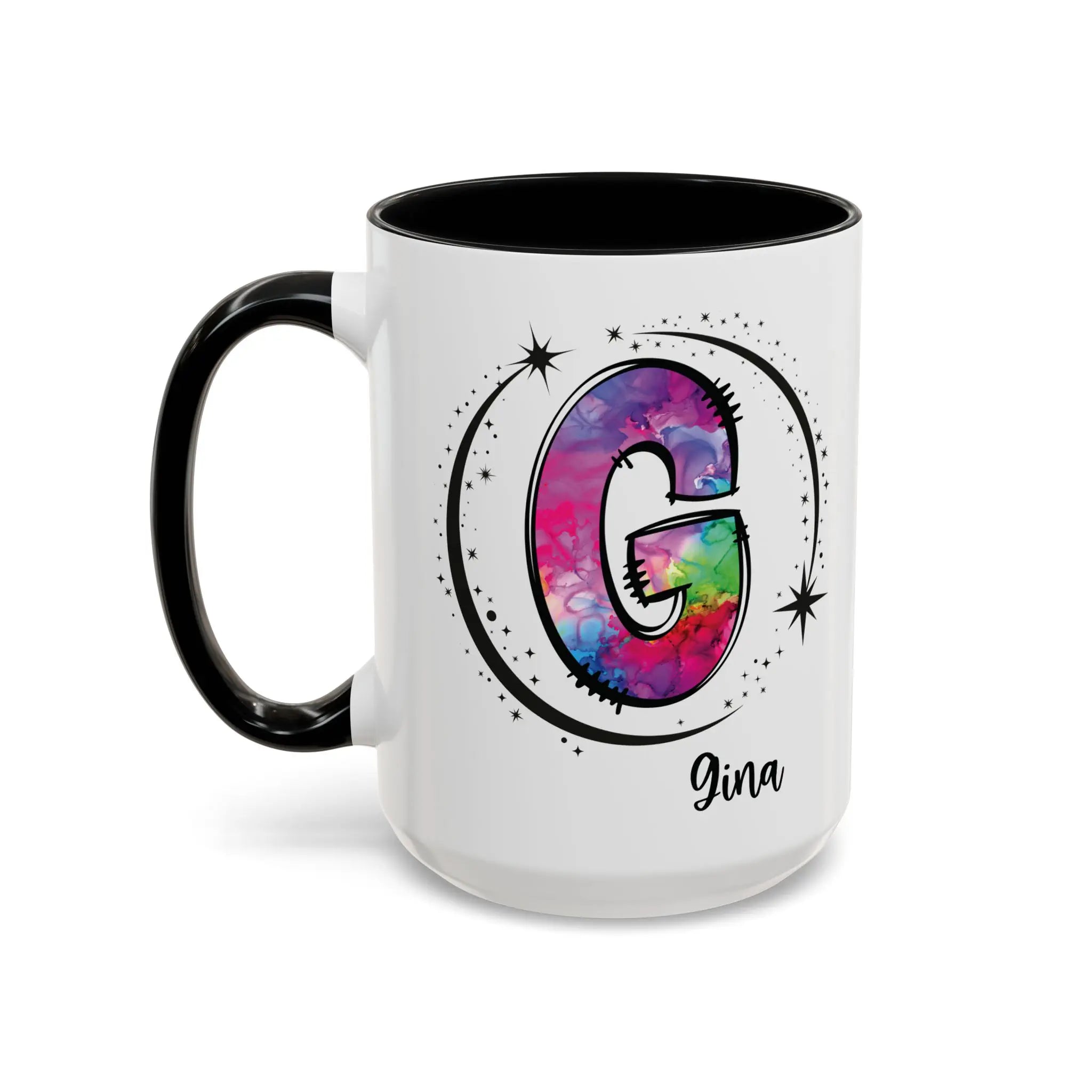 Monogram mug with black handle and interior featuring a colorful letter G design and custom name 