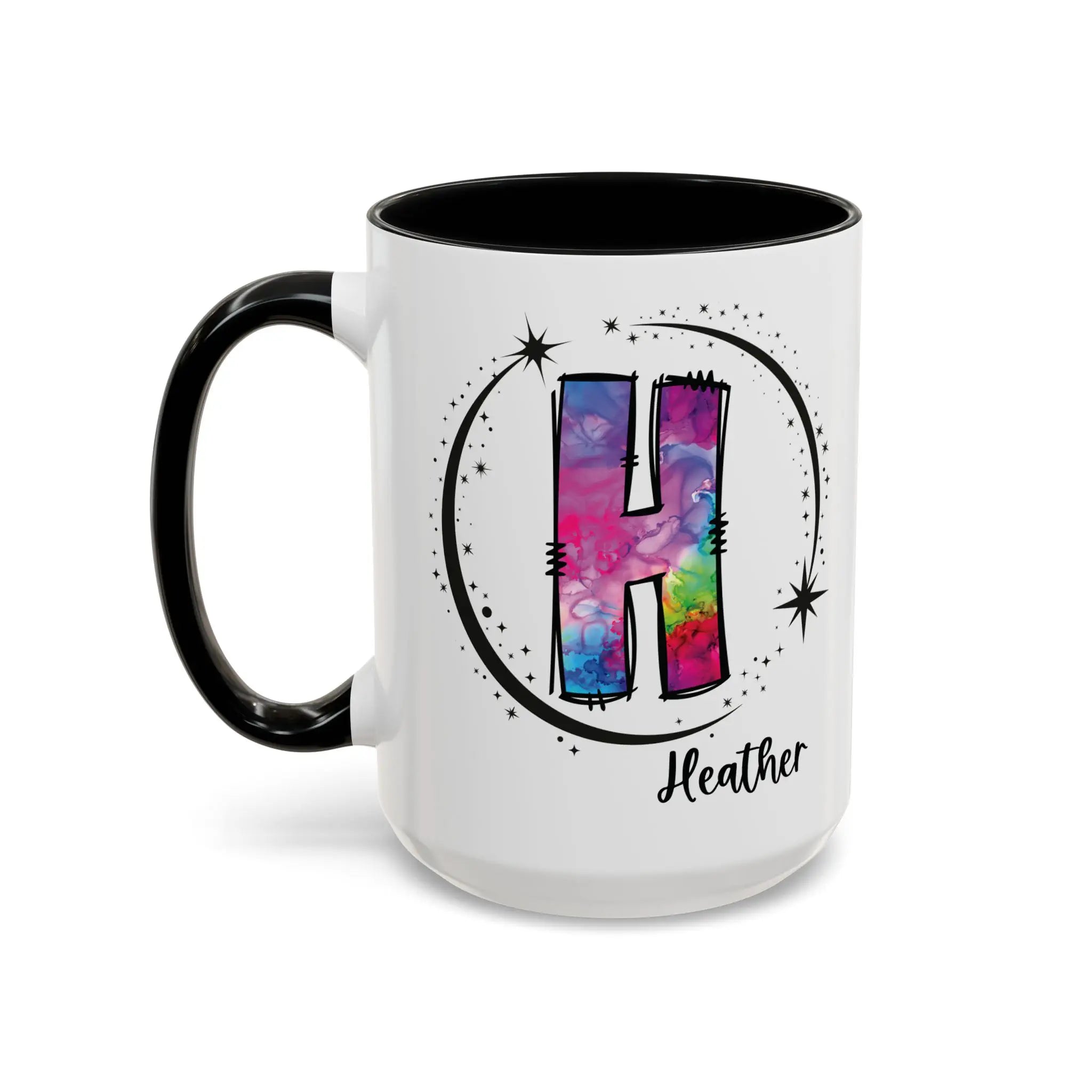 Monogram mug with black handle and interior featuring a colorful letter H design and custom name 