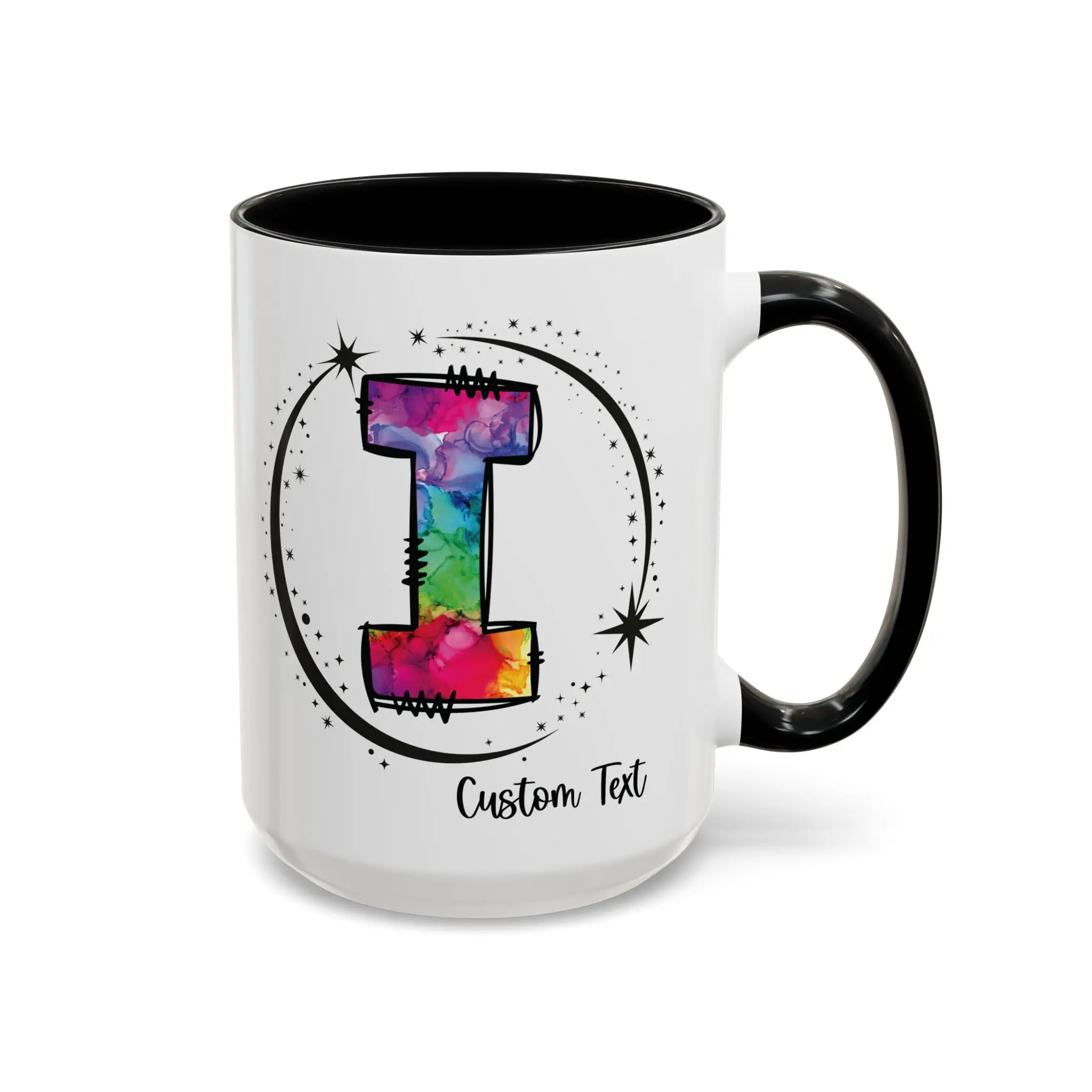 Monogram mug with black handle and interior featuring a colorful letter I design and custom text