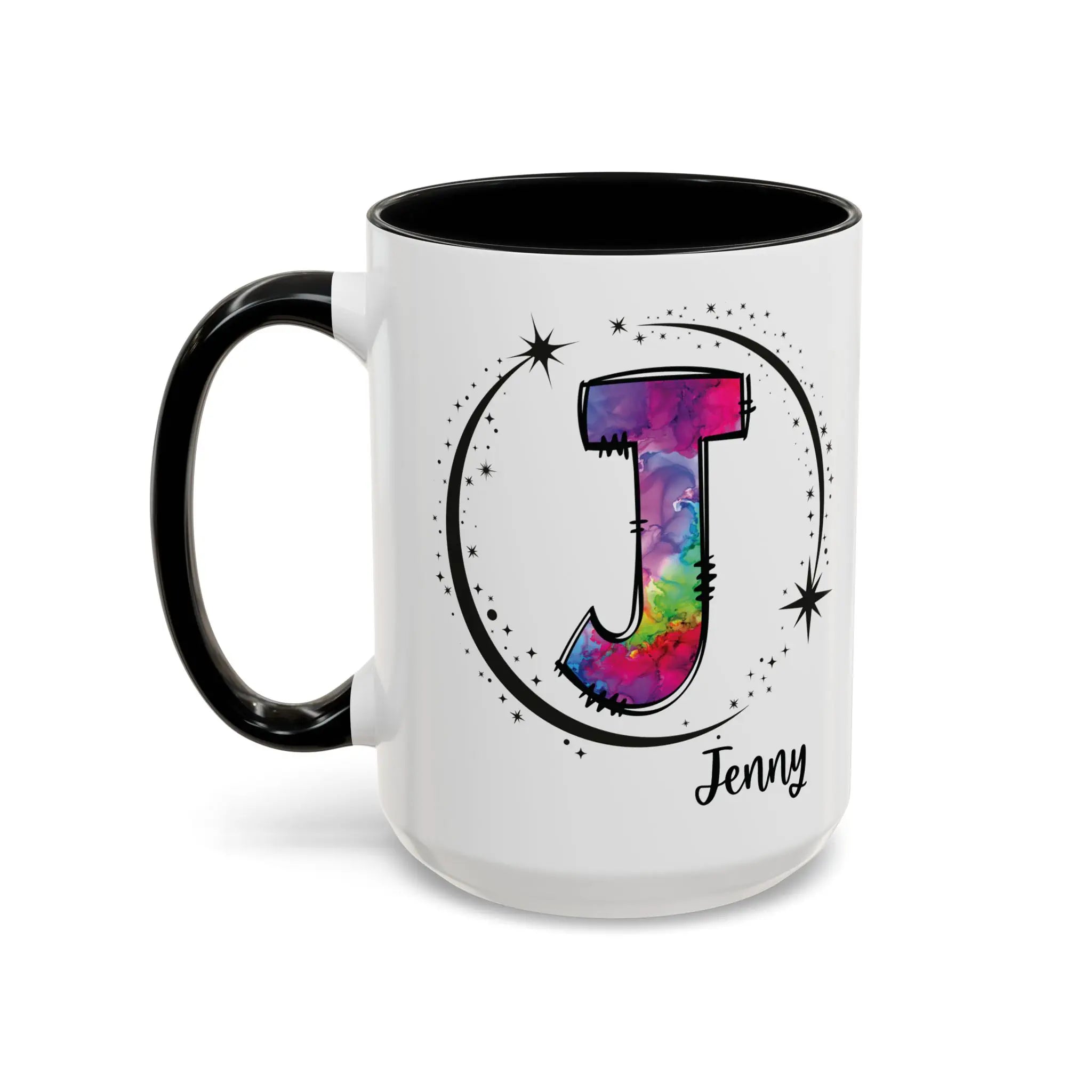 Monogram mug with black handle and interior featuring a colorful letter J design and custom name 
