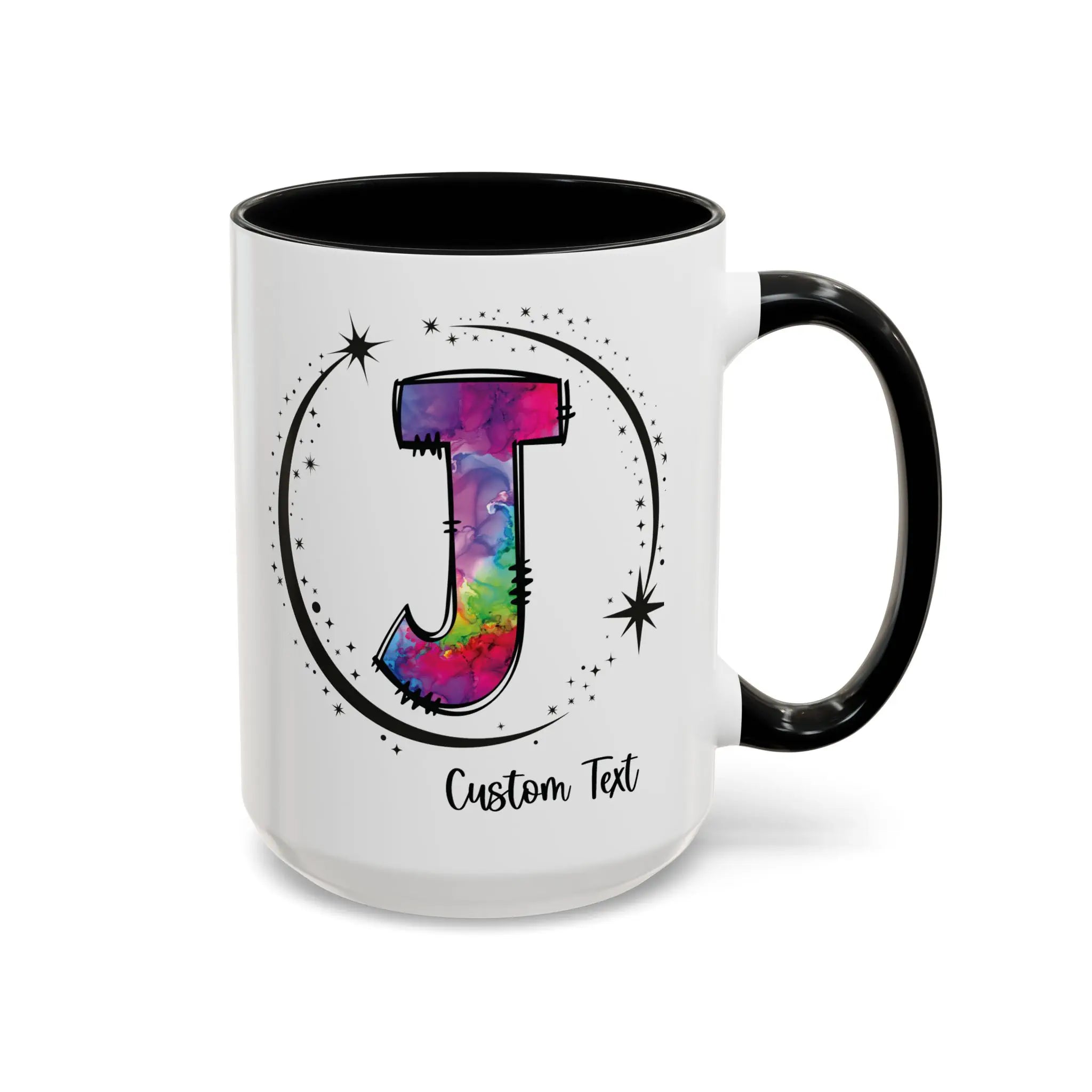 Monogram mug with black handle and interior featuring a colorful letter J design and custom name on white background
