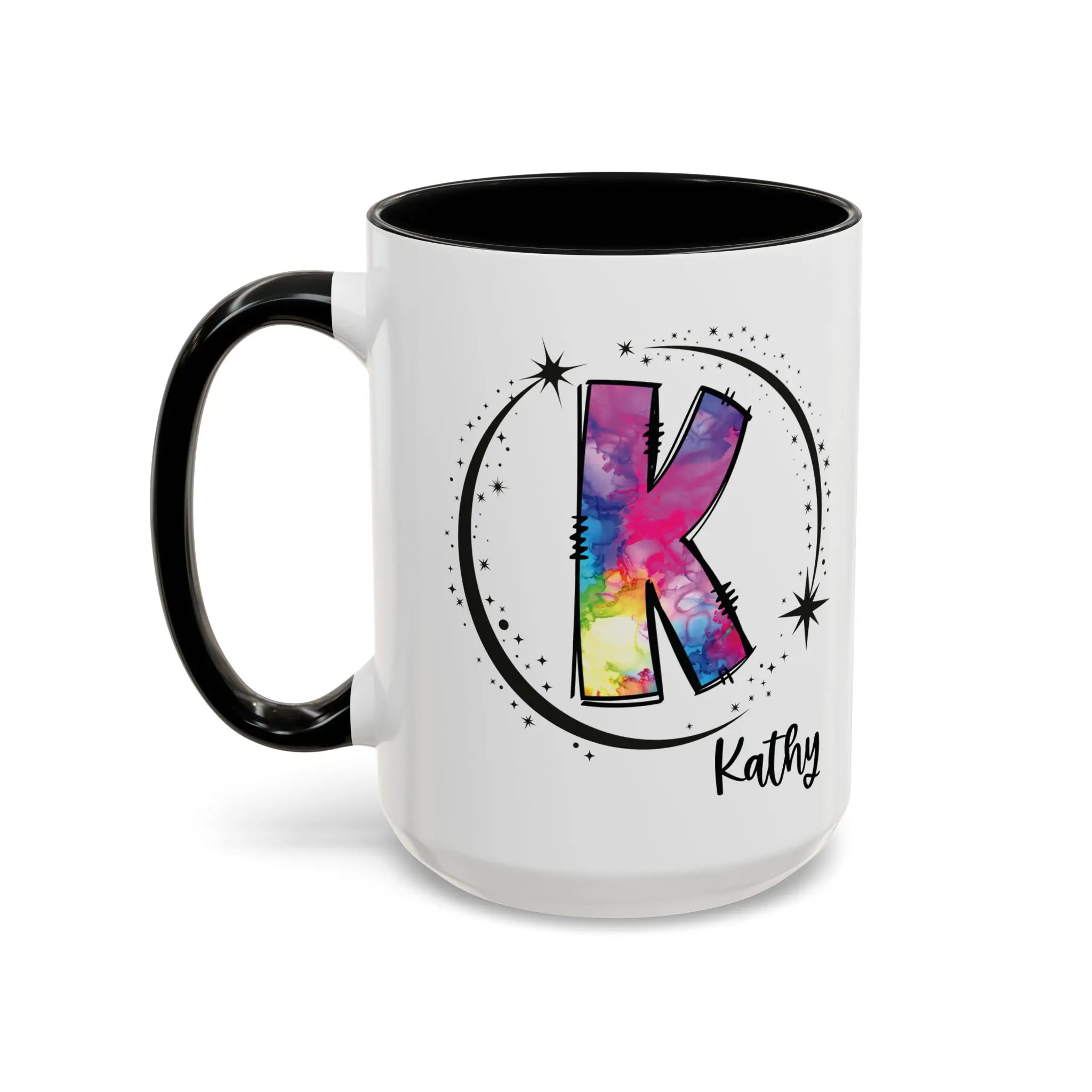 Monogram mug with black handle and interior featuring a colorful letter K design and custom name 