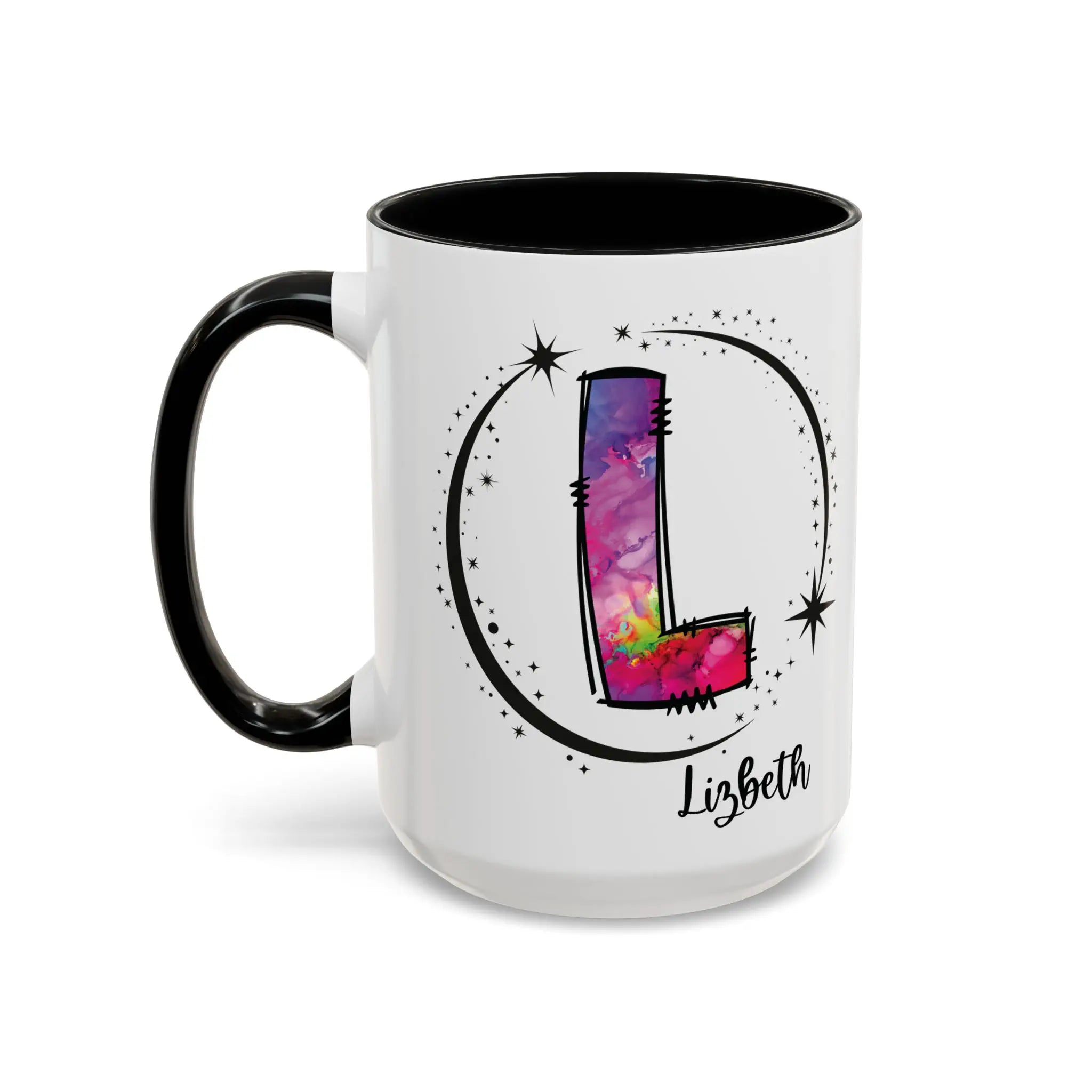Monogram mug with black handle and interior featuring a colorful letter L design and custom name 
