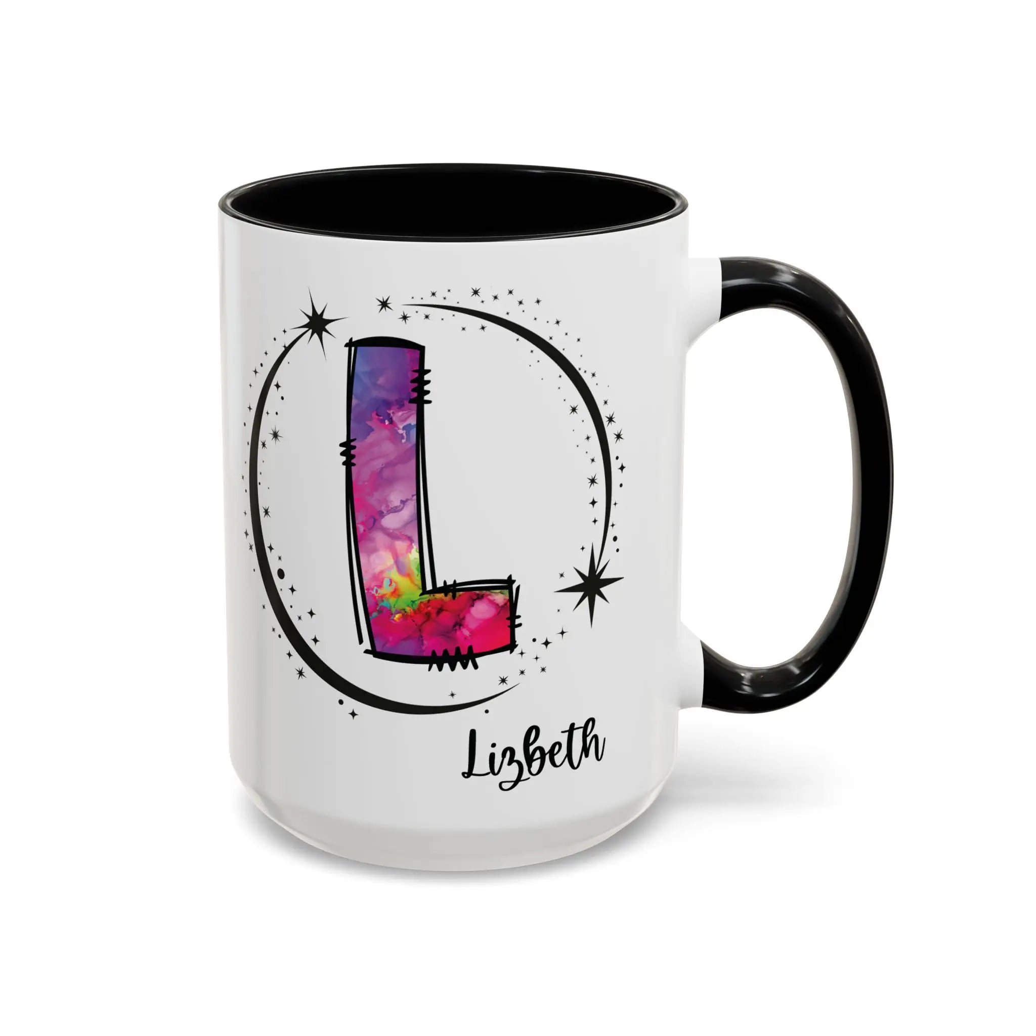 Monogram mug with black handle and interior featuring a colorful letter L design and custom name on white background