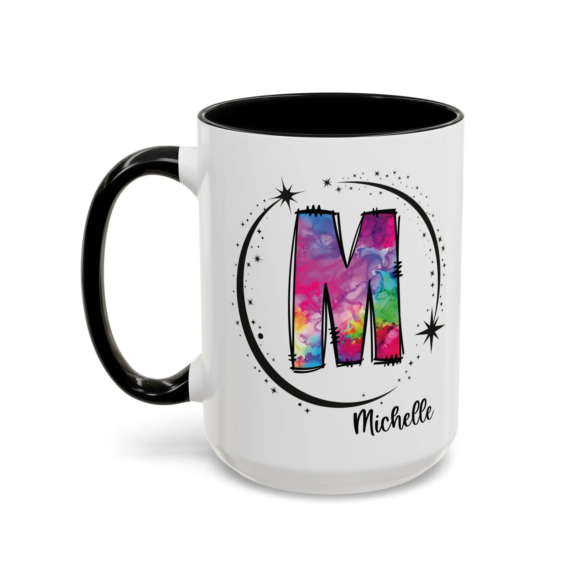 Monogram mug with black handle and interior featuring a colorful letter M design and custom name on white background