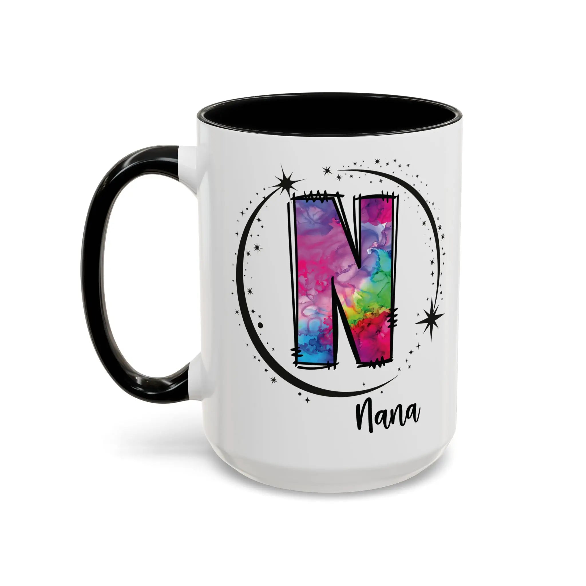 Monogram mug with black handle and interior featuring a colorful letter N design and custom name 