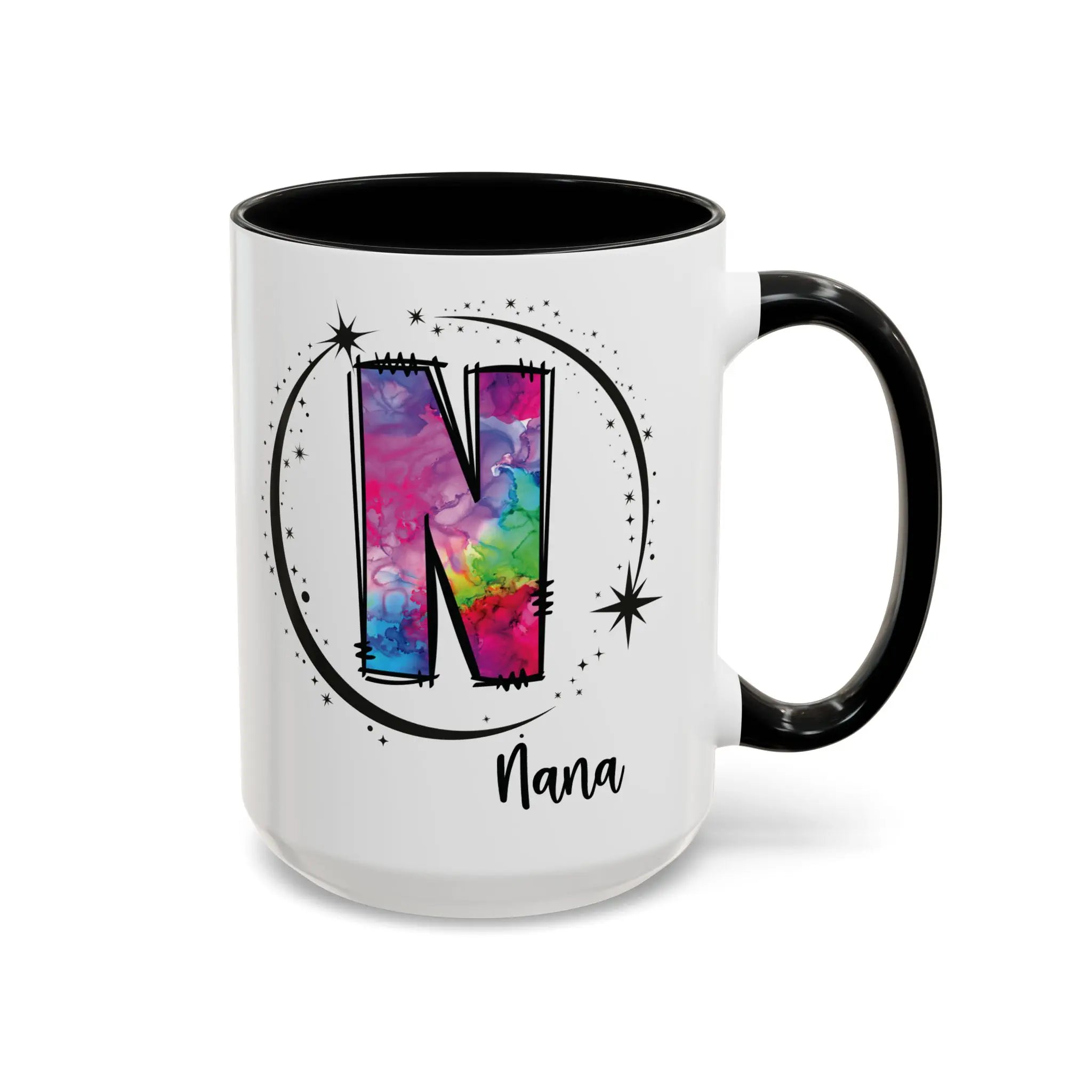 Monogram mug with black handle and interior featuring a colorful letter N design and custom name on white background