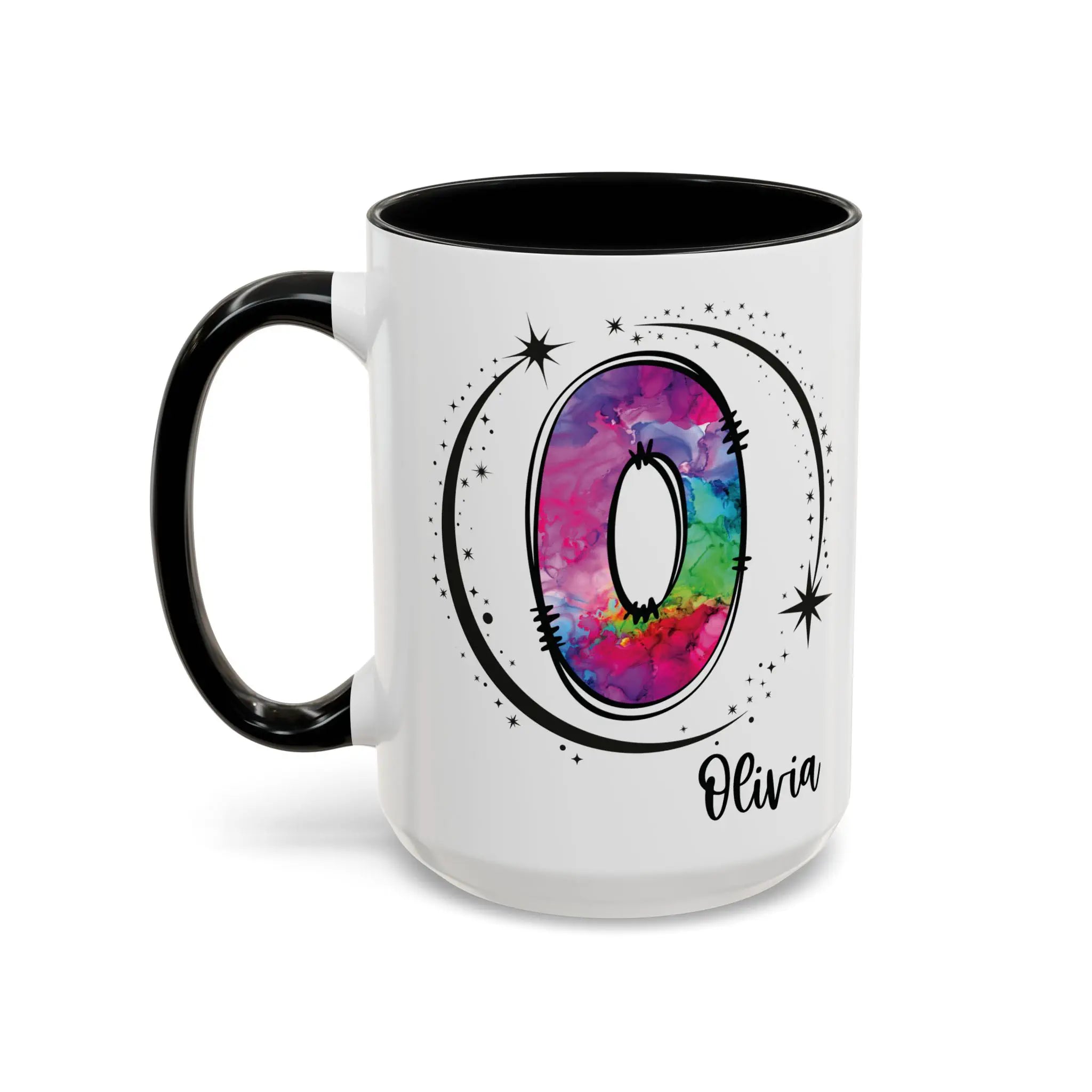 Monogram mug with black handle and interior featuring a colorful letter O design and custom name
