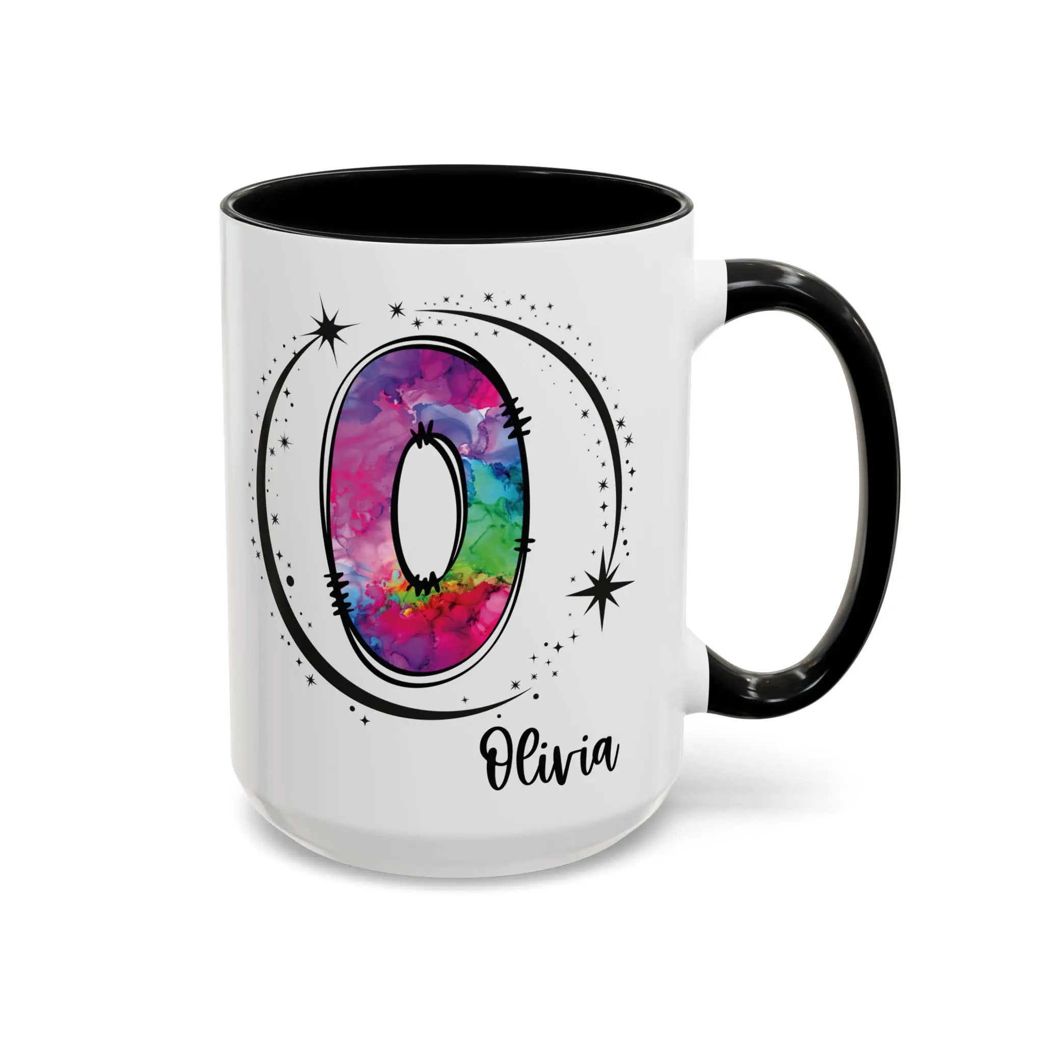 Monogram mug with black handle and interior featuring a colorful letter O design and custom name on white background