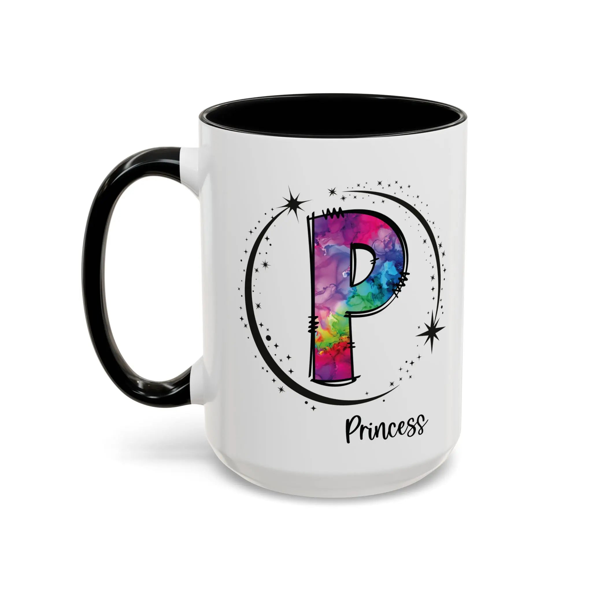 Monogram mug with black handle and interior featuring a colorful letter P design and custom name on white background