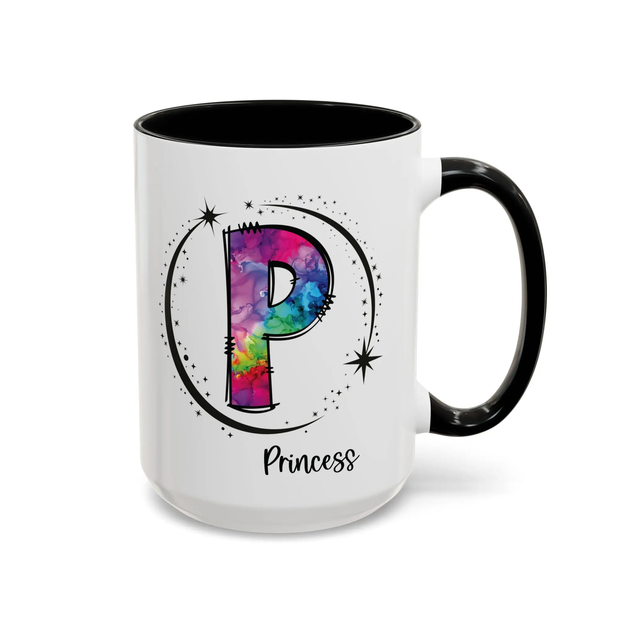 Monogram mug with black handle and interior featuring a colorful letter P design and custom name 
