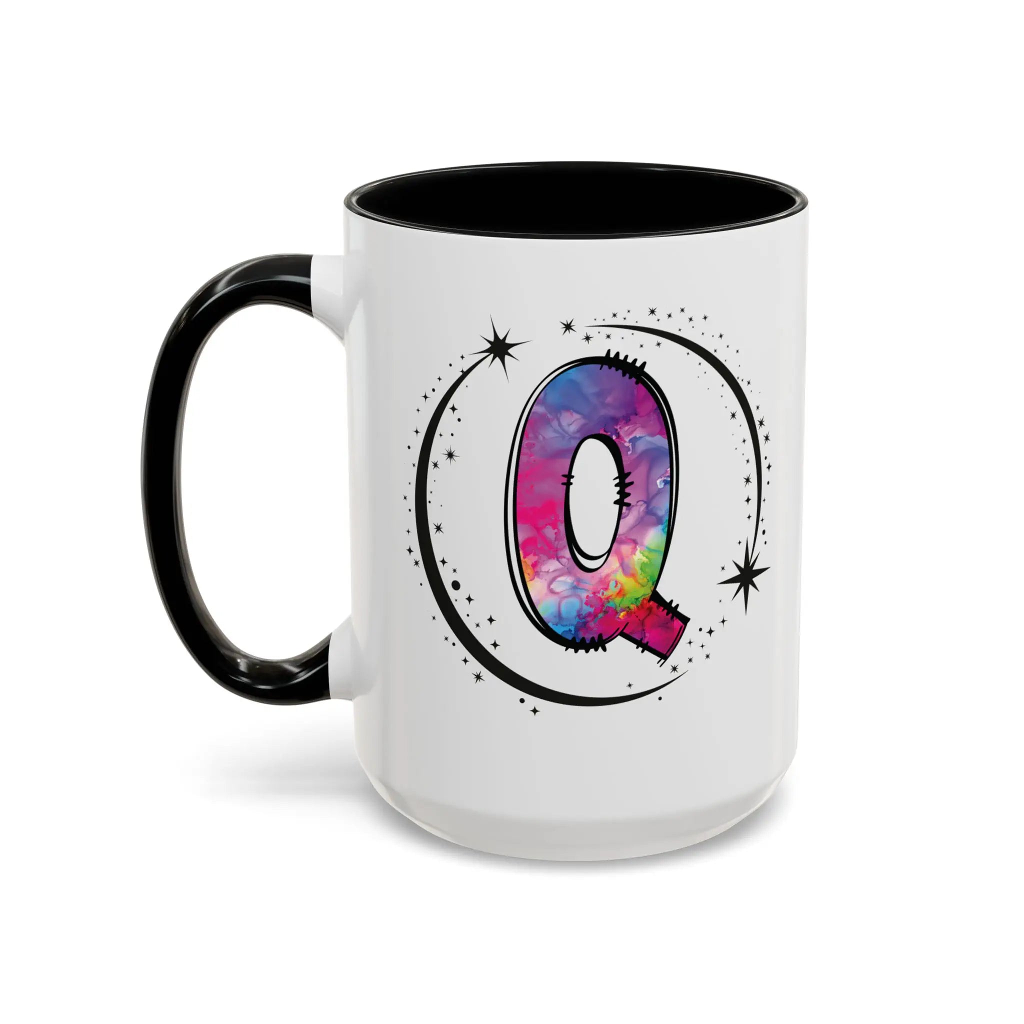 Monogram mug with black handle and interior featuring a colorful letter Q design and custom name on white background