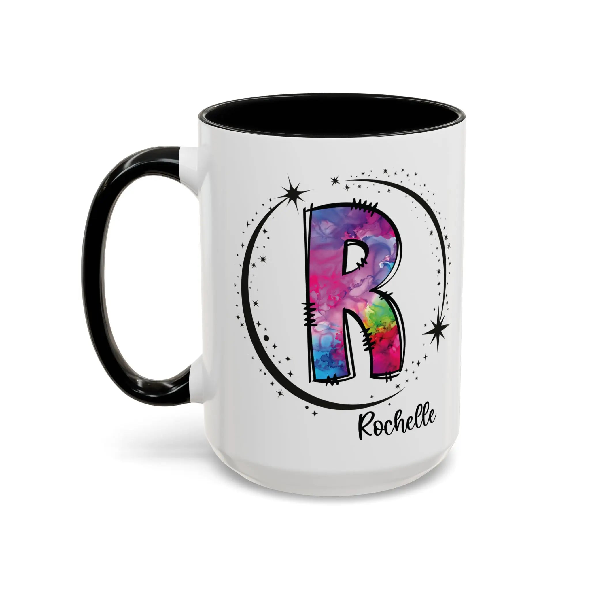 Monogram mug with black handle and interior featuring a colorful letter R design and custom name 