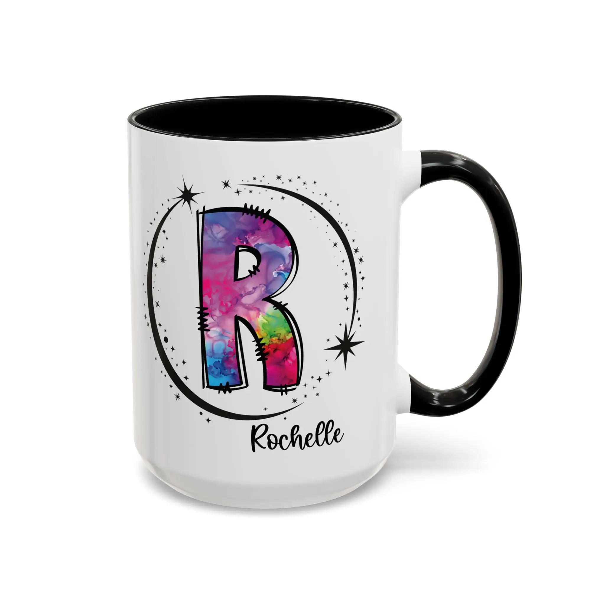Monogram mug with black handle and interior featuring a colorful letter R design and custom name on white background