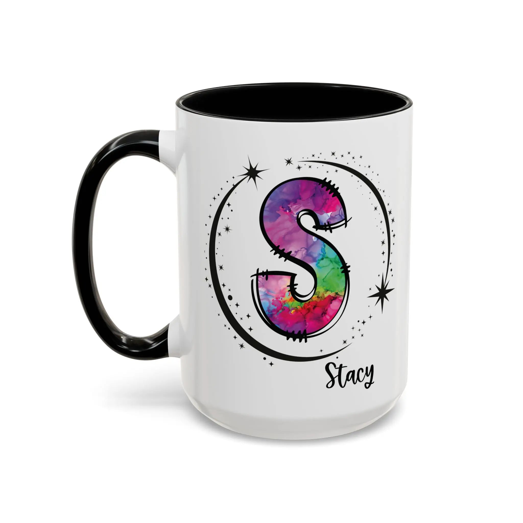Monogram mug with black handle and interior featuring a colorful letter S design and custom name 