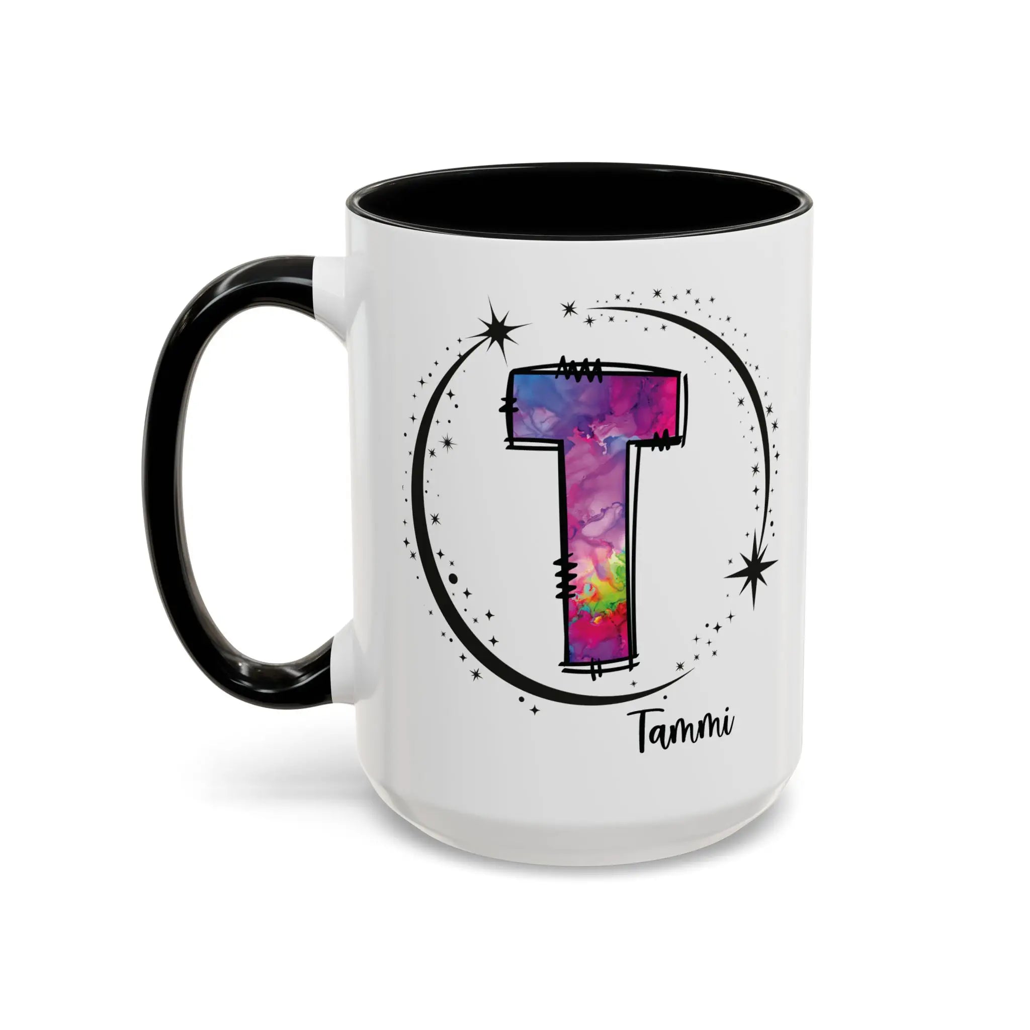 Monogram mug with black handle and interior featuring a colorful letter T design and custom name on white background