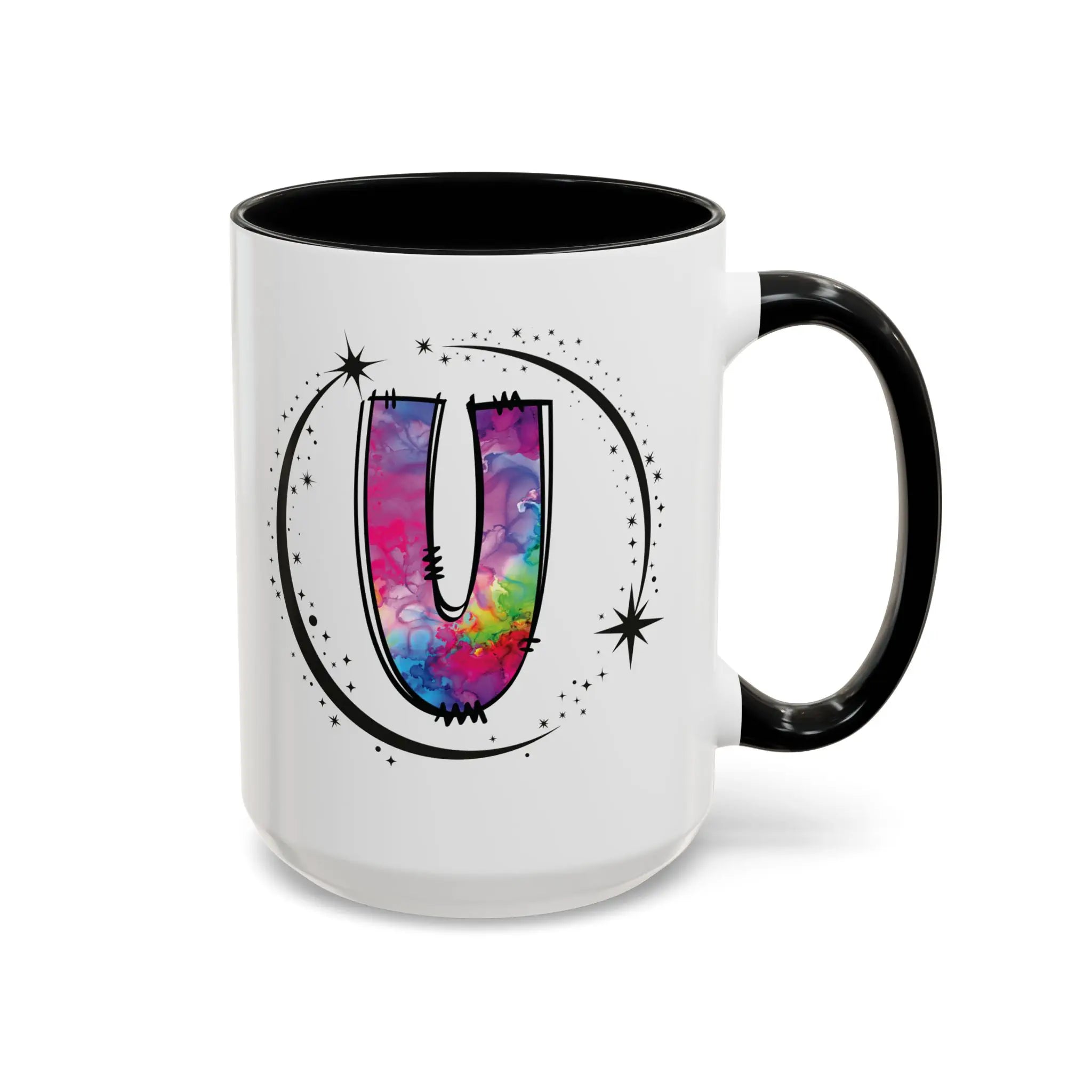 Monogram mug with black handle and interior featuring a colorful letter U design and custom name 