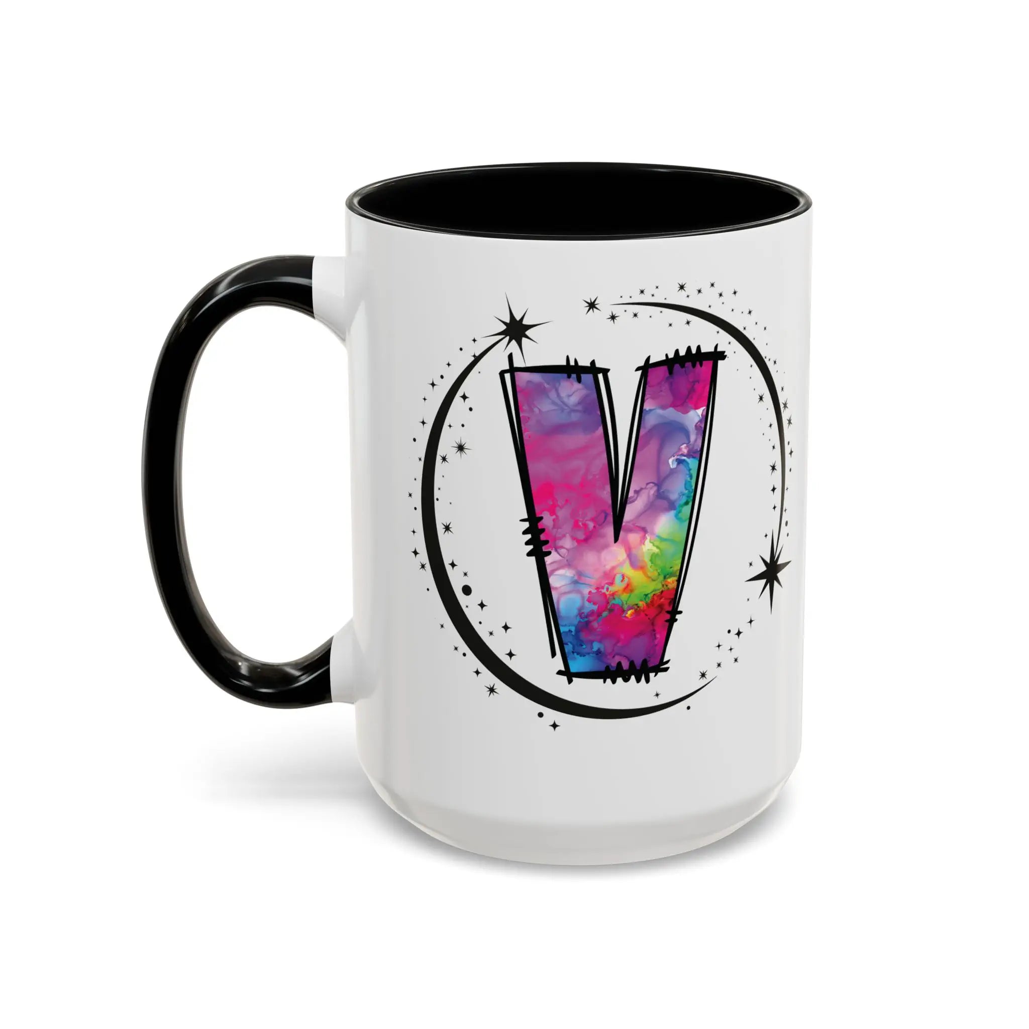 Monogram mug with black handle and interior featuring a colorful letter V design and custom name on white background