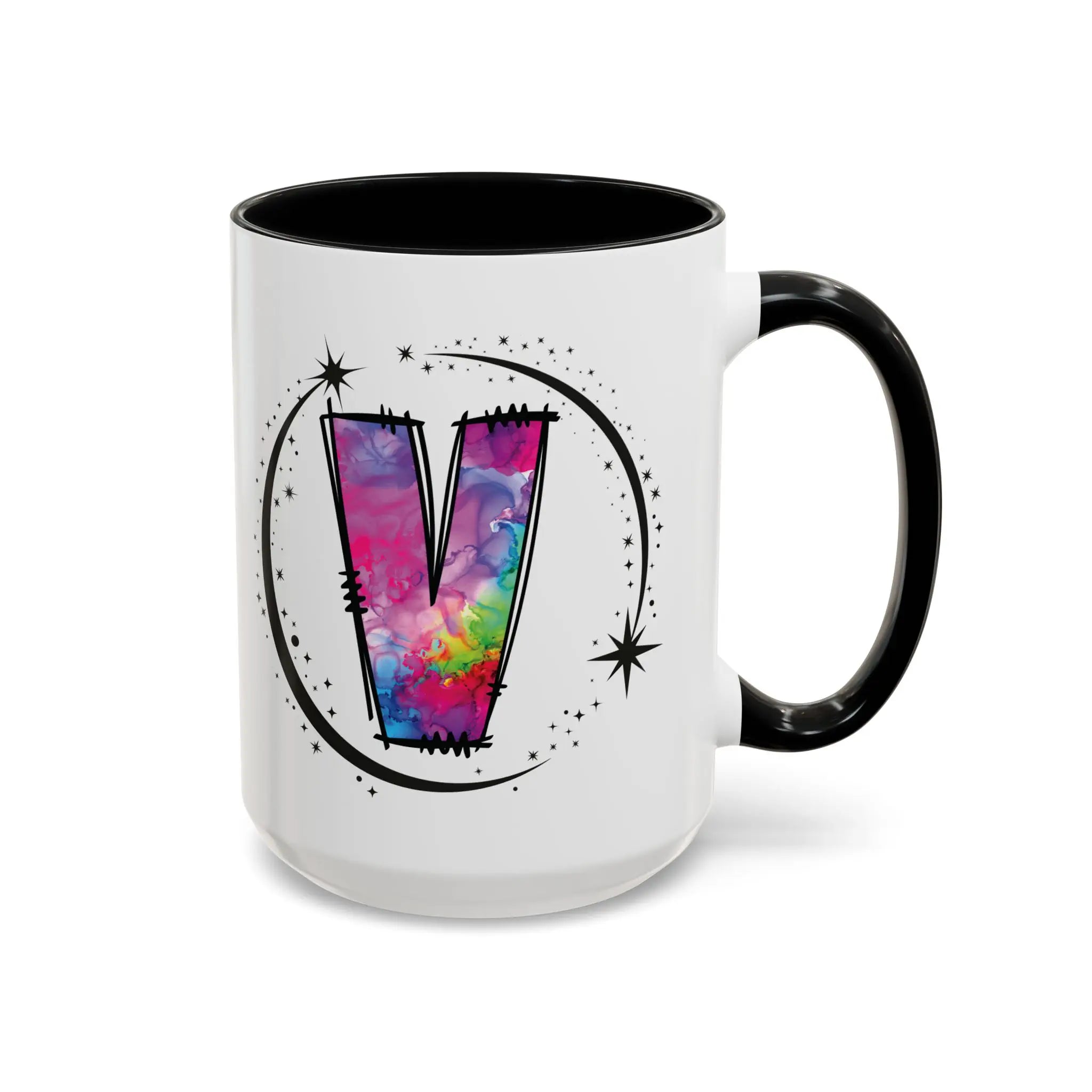Monogram mug with black handle and interior featuring a colorful letter V design and custom name 