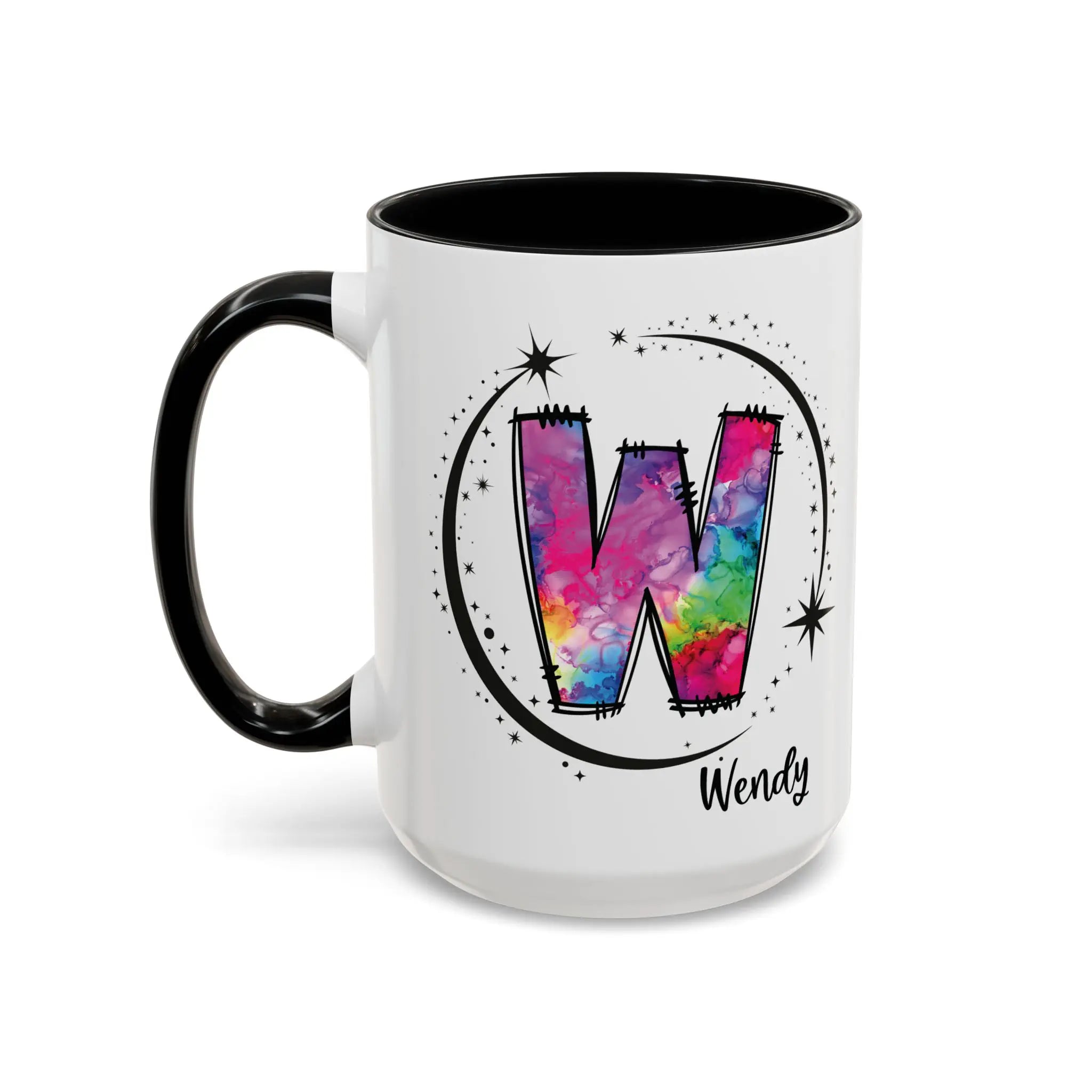 Monogram mug with black handle and interior featuring a colorful letter W design and custom name on white background