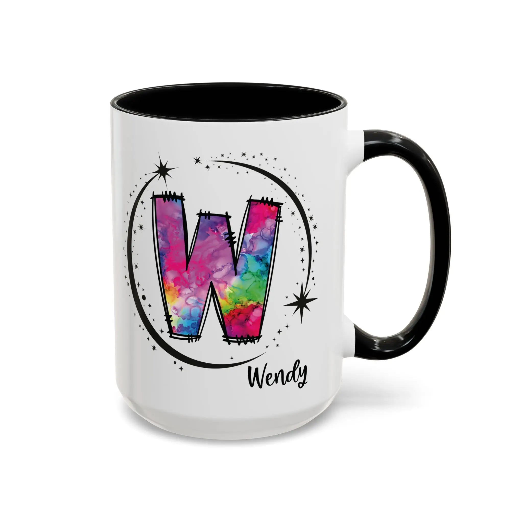 Monogram mug with black handle and interior featuring a colorful letter W design and custom name 