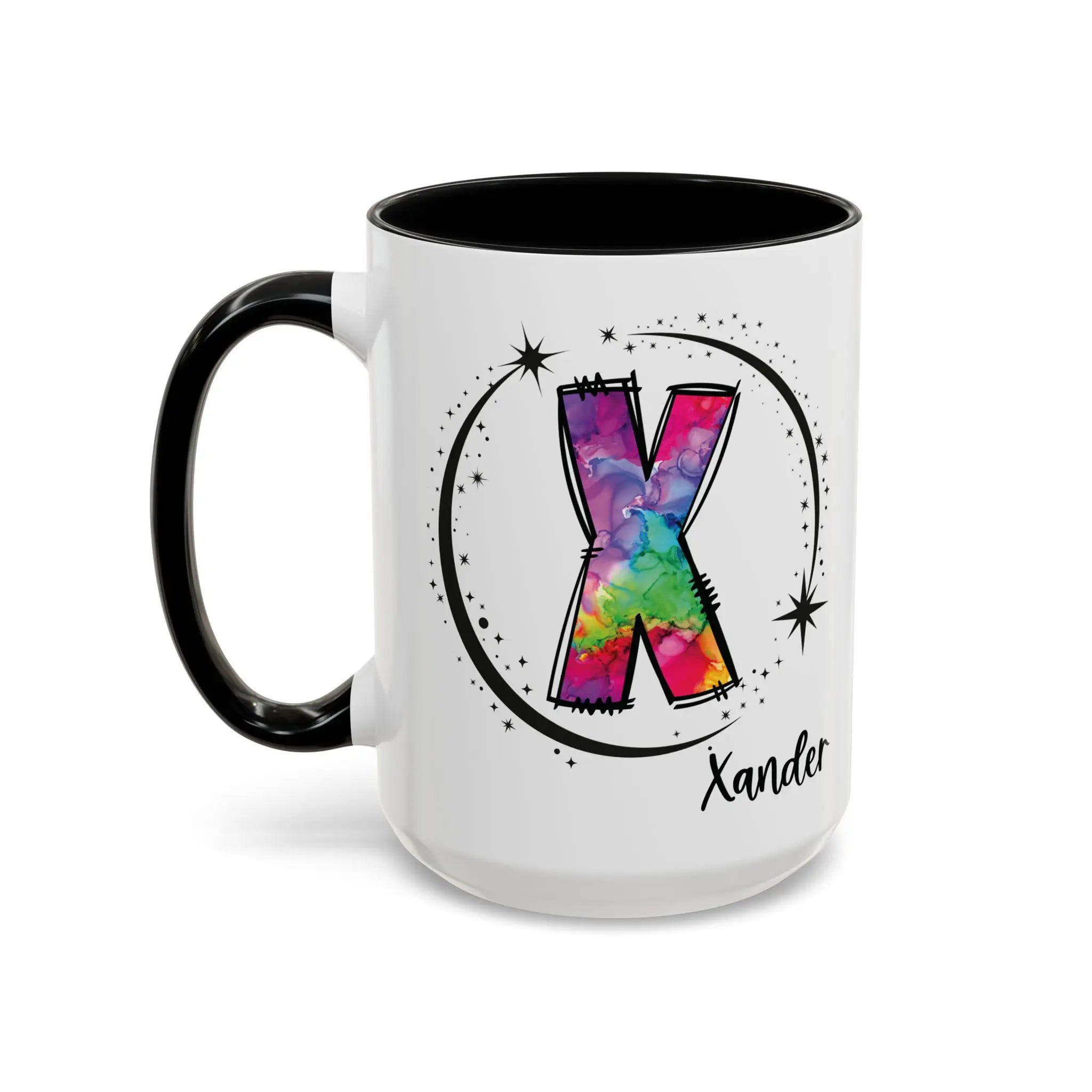Monogram mug with black handle and interior featuring a colorful letter X design and custom name 