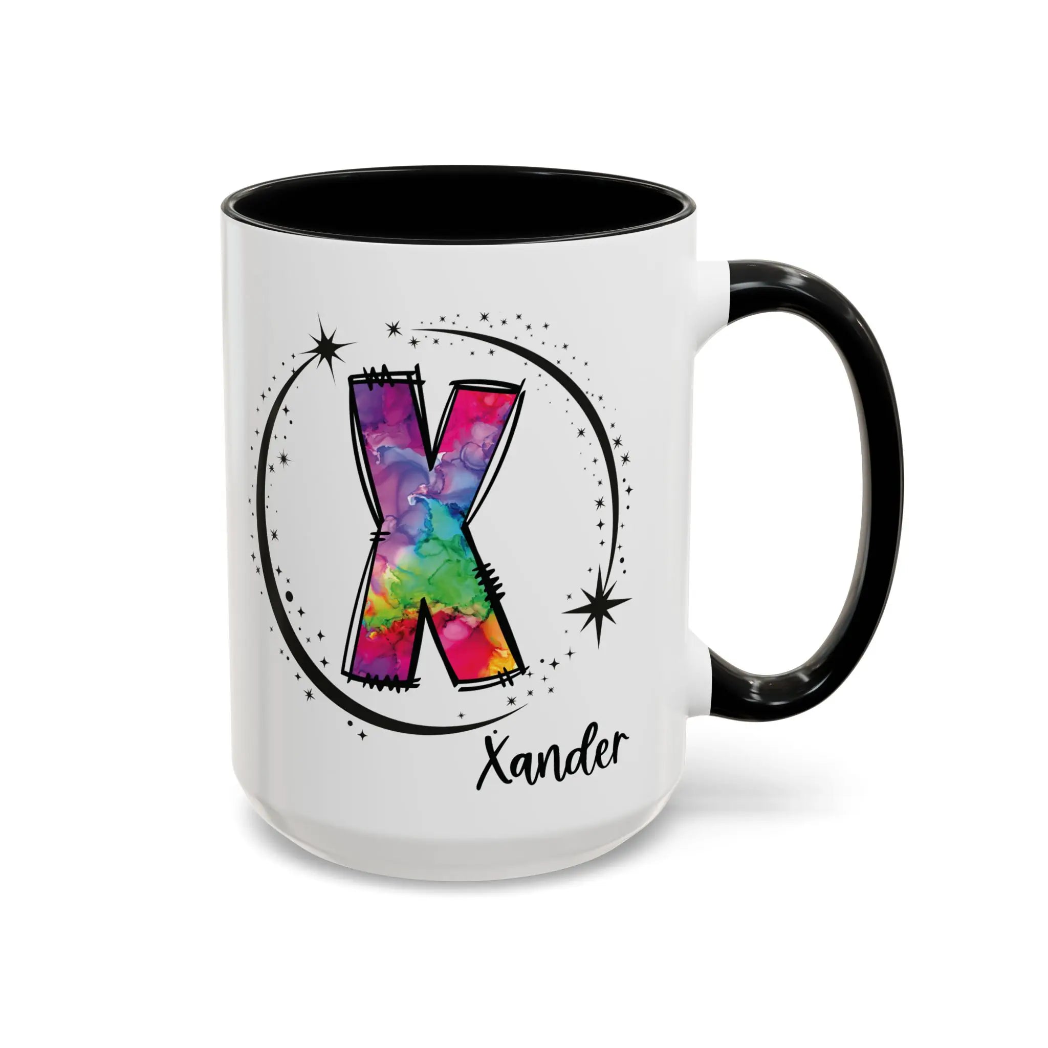 Monogram mug with black handle and interior featuring a colorful letter X design and custom name on white background