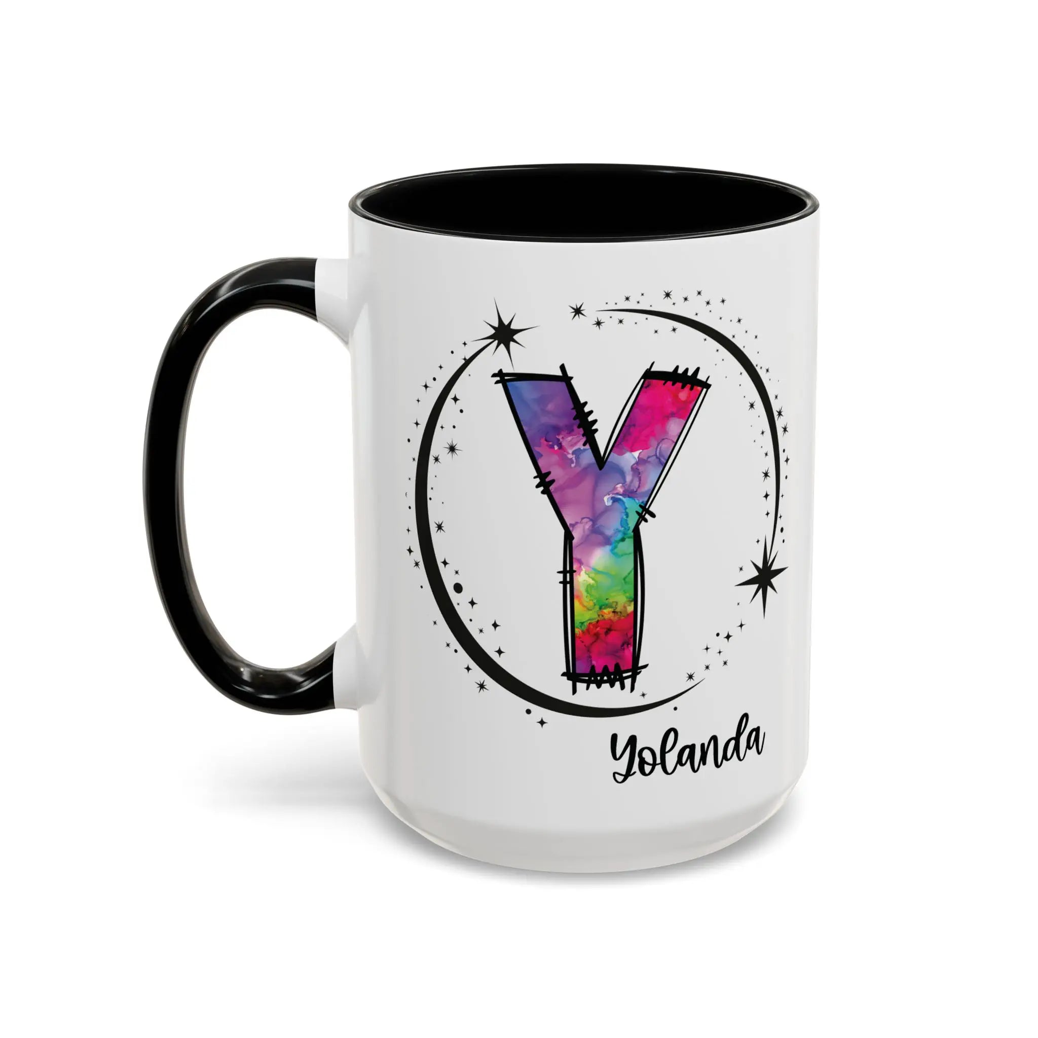 Monogram mug with black handle and interior featuring a colorful letter Y design and custom name on white background