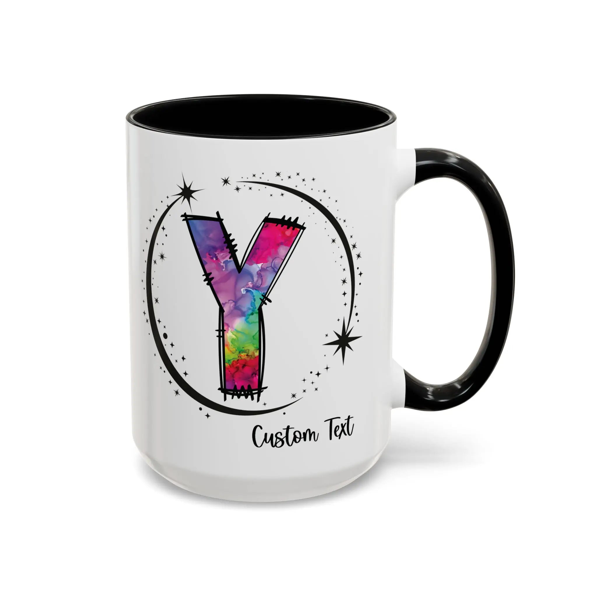 Monogram mug with black handle and interior featuring a colorful letter Y design and custom name 
