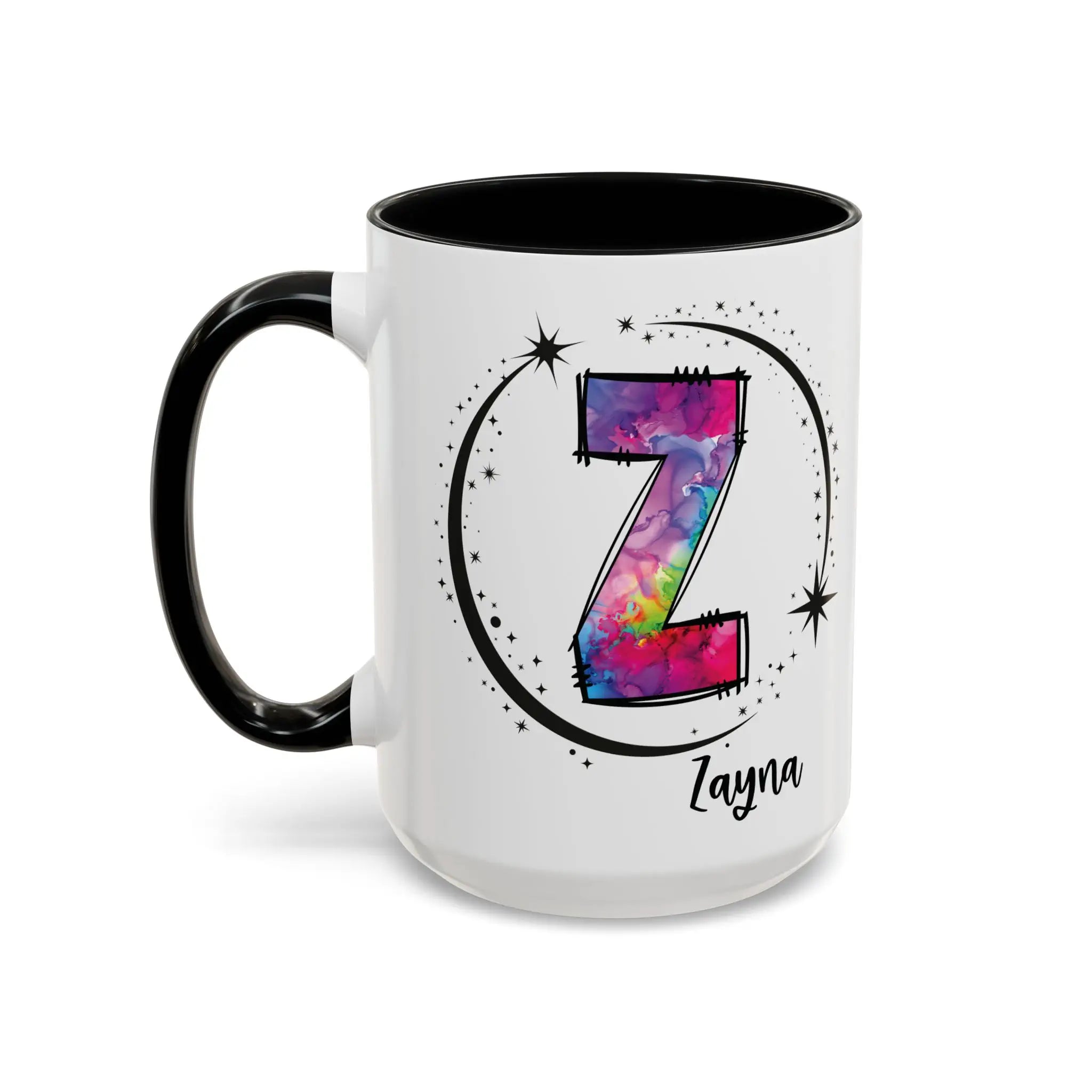 Monogram mug with black handle and interior featuring a colorful letter Z design and custom name 