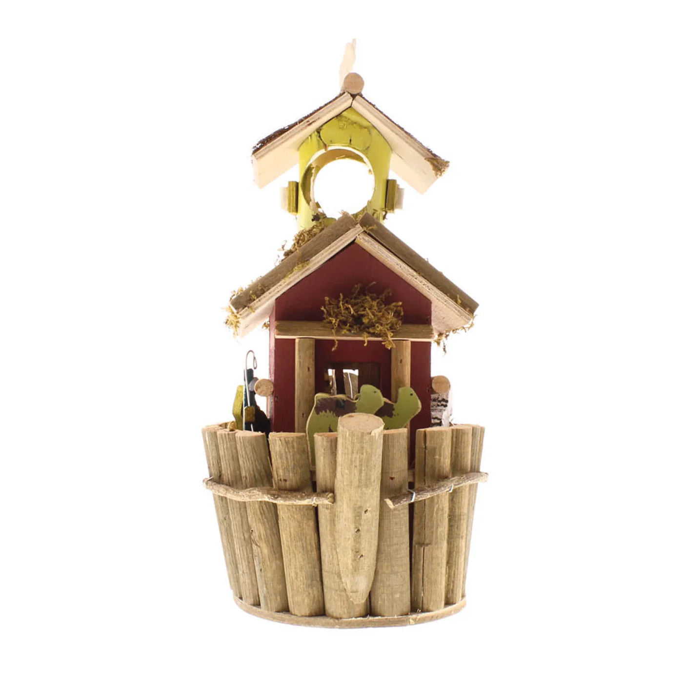 Wooden birdhouse with decorative elements on a table outdoors, back