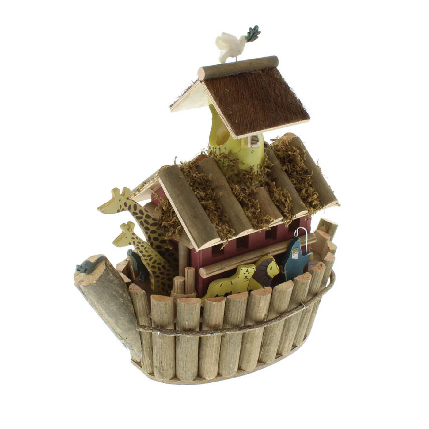 Wooden birdhouse with decorative elements on a table outdoors, sideview