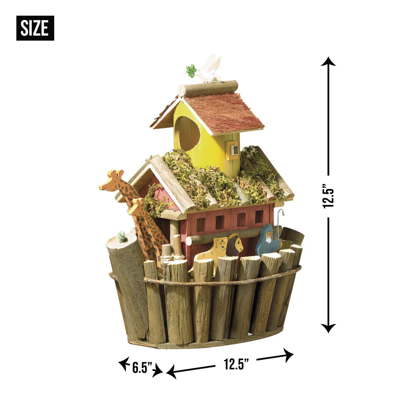 Wooden birdhouse with decorative elements on a table outdoors, size chart