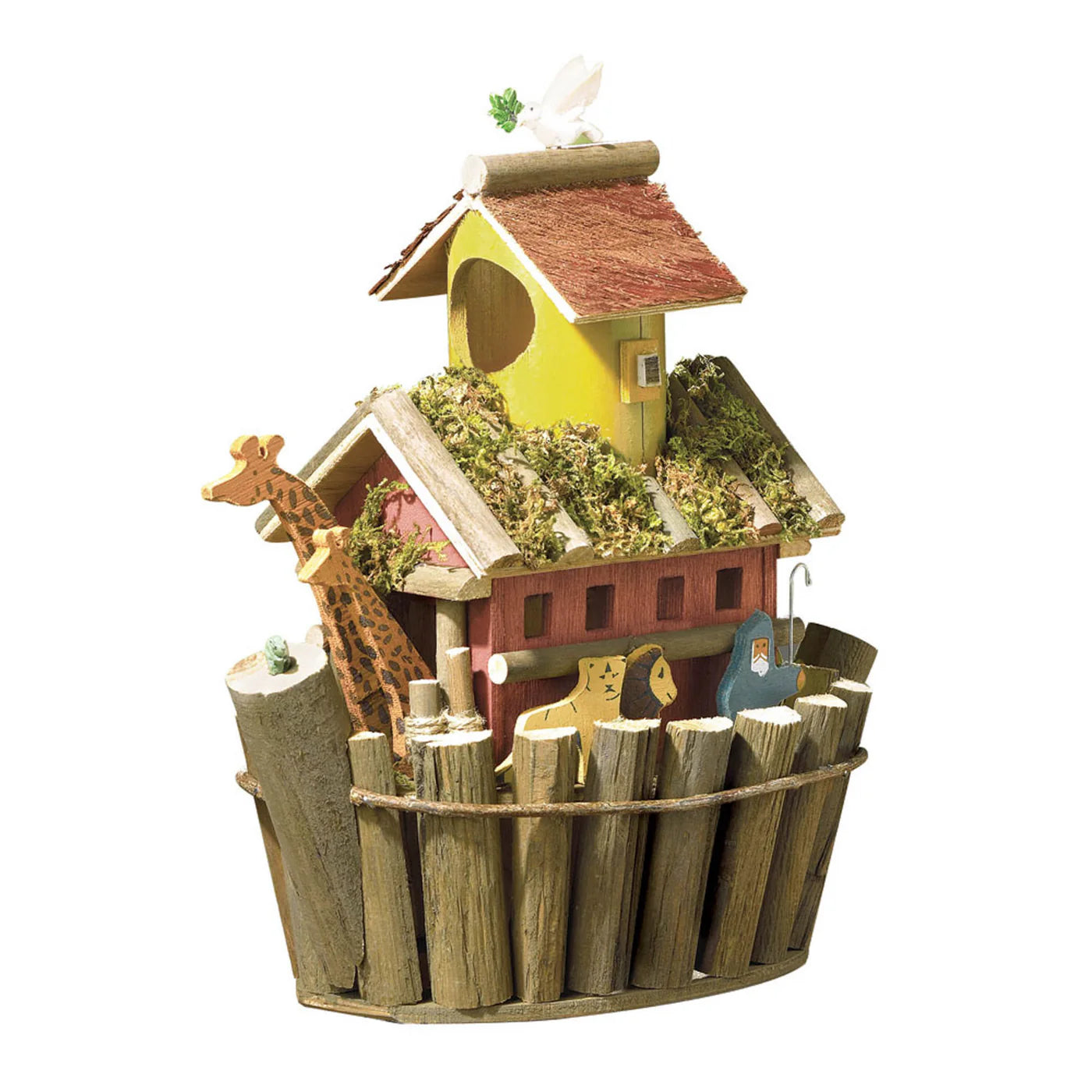 Decorative birdhouse with a small garden on a white background