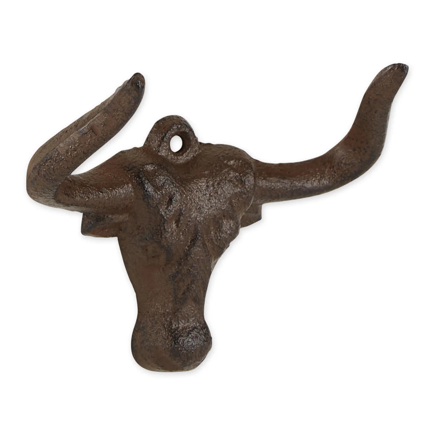 Close-up angled view of a cast iron longhorn wall hook with a rustic brown finish and curved horns.